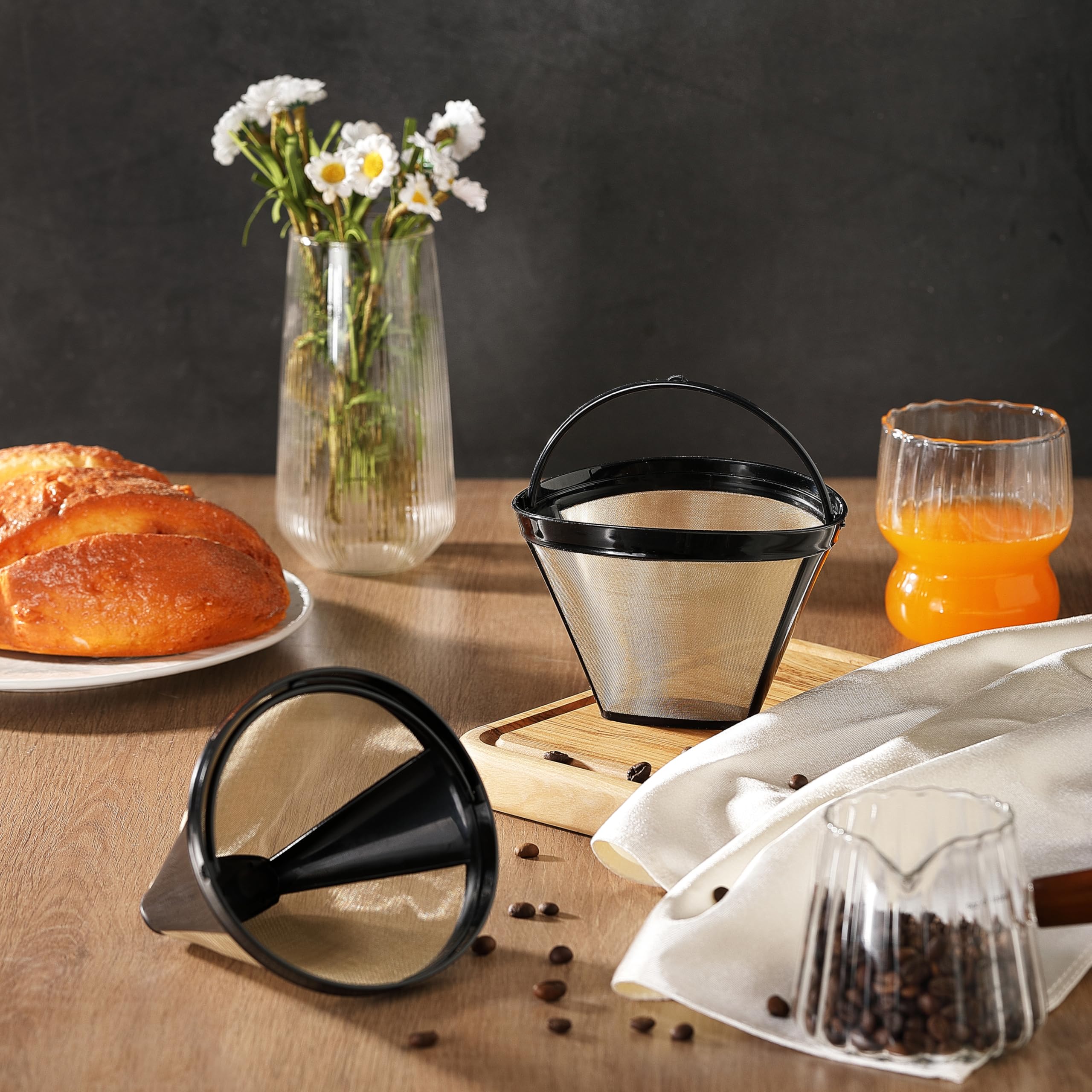 Wiederverwendbare Kaffeefilter, goldfarbenes Metall, permanenter Kaffeefilter, Ersatz für 8–12 Tassen, Kegelfilter, Kaffeemaschinen und Brauer, lebensmittelechter Edelstahl und BPA-frei, 2 Stück