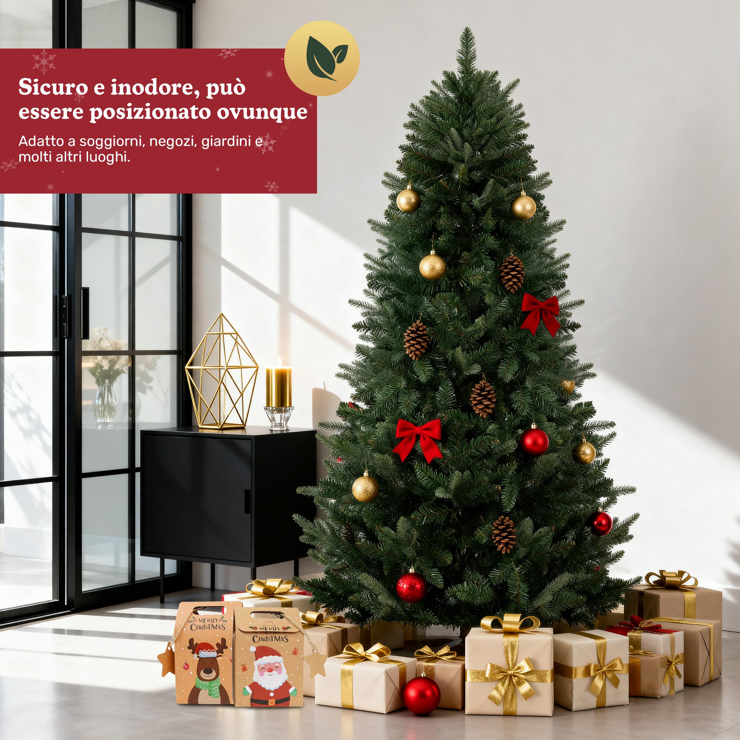 Albero di Natale Artificiale DEWINNER 180 cm, Certificato FSC, Rami in PE/PVC Regolabili, Supporto in Legno Stabilizzato, Extra Denso e Realistico, Facile da Montare, Albero di Natale