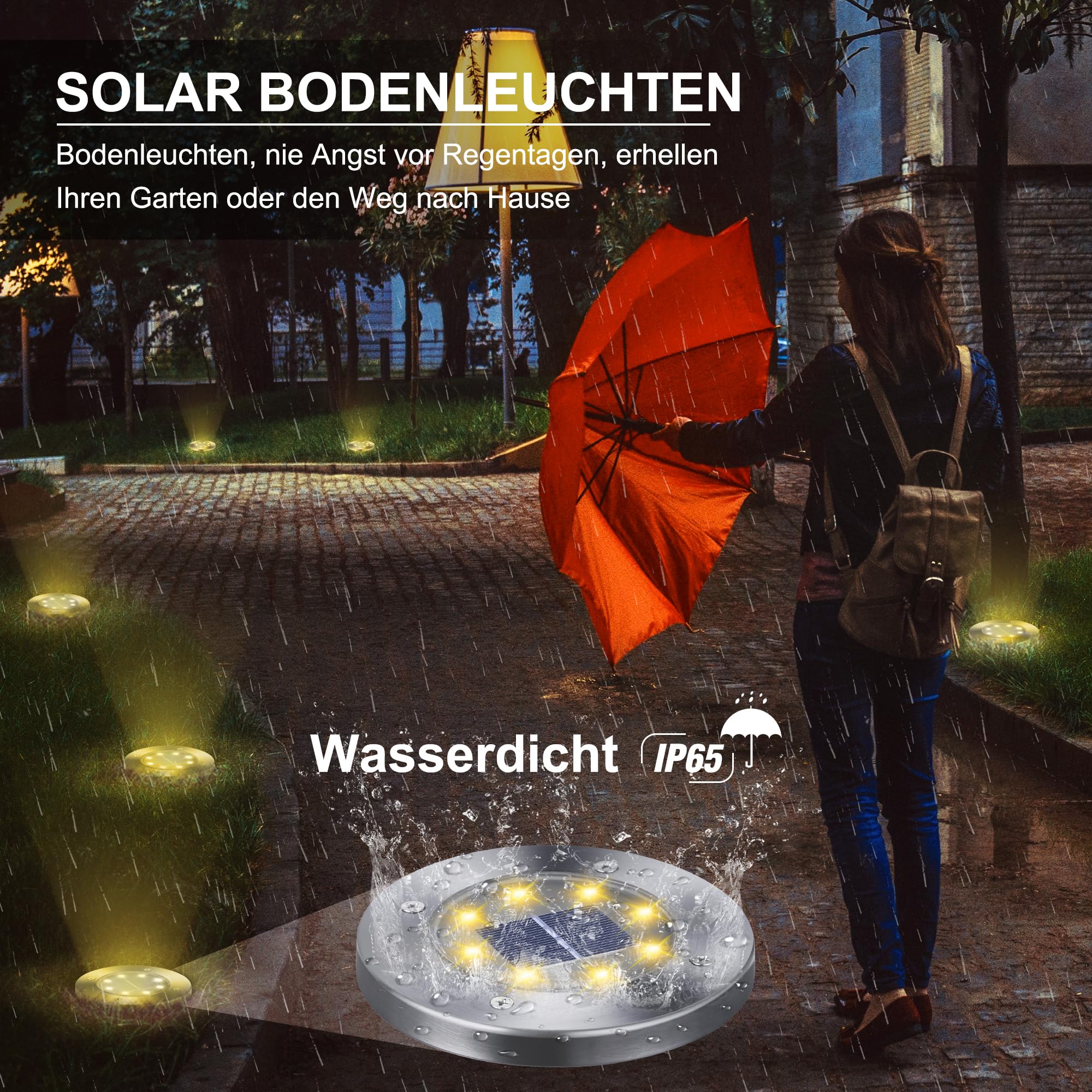 Qedertek Solarne lampy podłogowe do ogrodu, 8 sztuk, 8 diod LED, lampa zewnętrzna, ciepła biel, lampy solarne LED, wodoszczelne, lampy solarne do ogrodu, na trawnik, chodnik, patio, podjazd