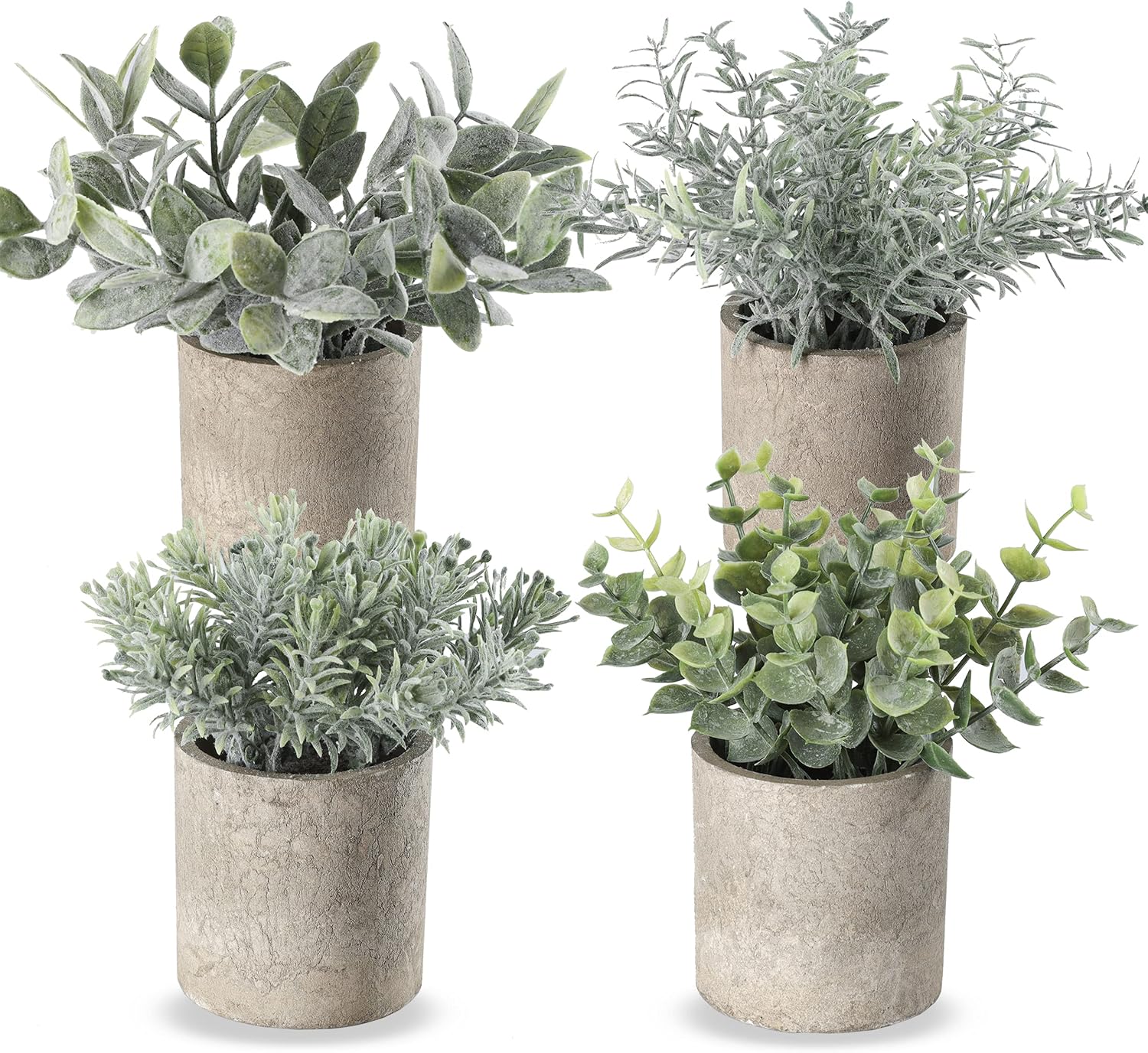Miracliy Mini Potted Fake Plants Faux Artificial Eucalyptus Boxwood Rosemary Greenery in Gray Pots for Home Office Desk Bathroom Decoration Garden Decor, Indoor & Outdoor,Set of 4