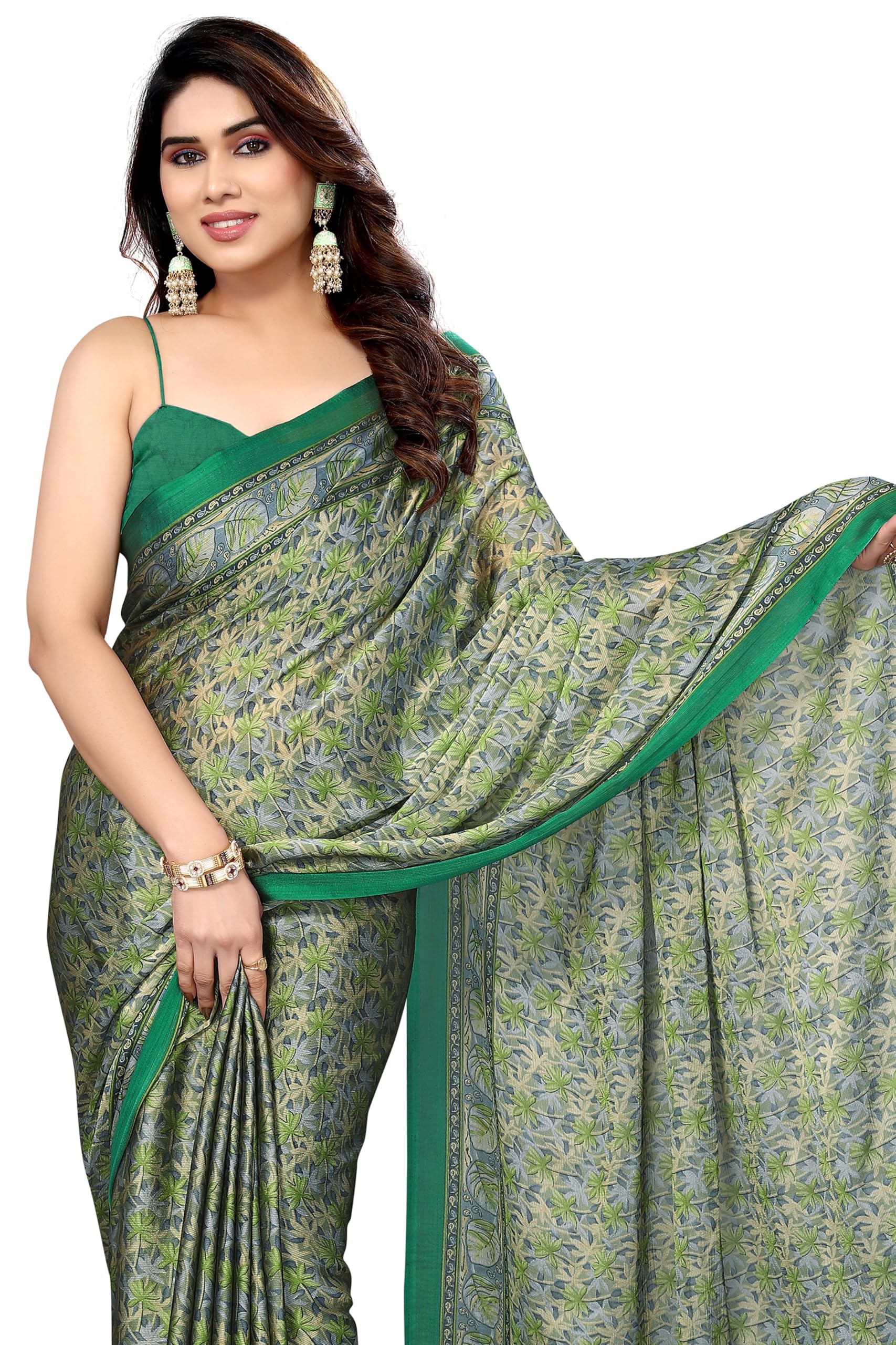 MIRCHI FASHION Women's Stylish Chiffon Leaf and Floral Printed Saree with Blouse Piece