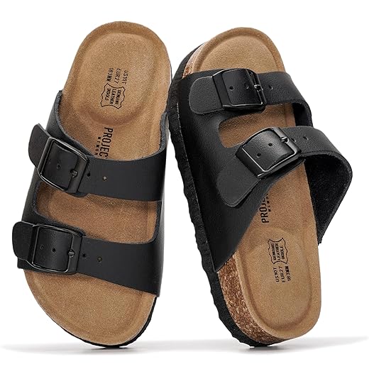 Project Cloud 100% Genuine Leather Kids Sandals - Natural Cork Footbed Non-Slip Slides for Kids - Lightweight Boys & Girls Sandals - Water-Resistant Girls & Boys Sandals