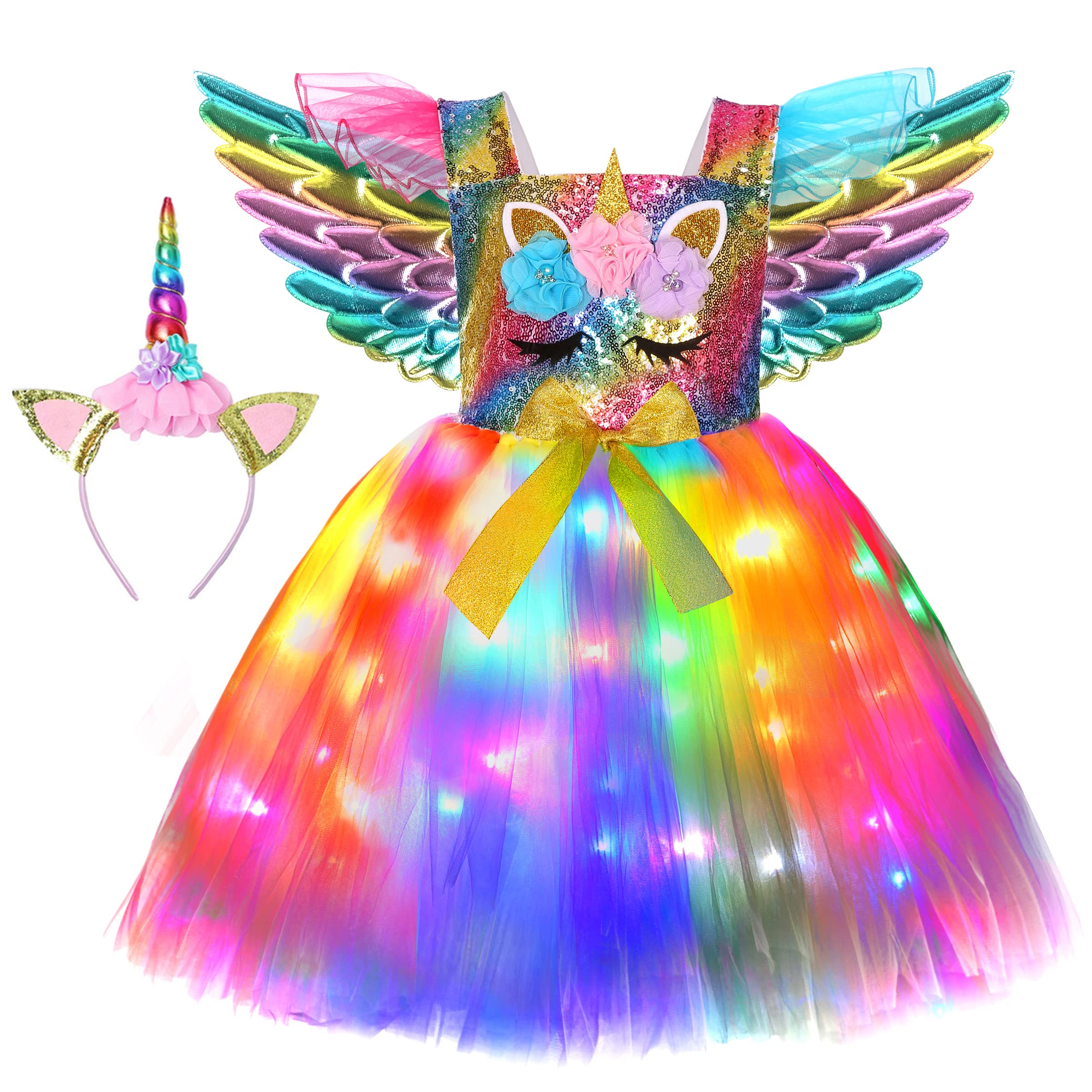 Cuteshower Unicorn Tutu Costume for Girls Halloween LED Light Unicorn Dress Birthday Party Outfit Princess Dress with Wings