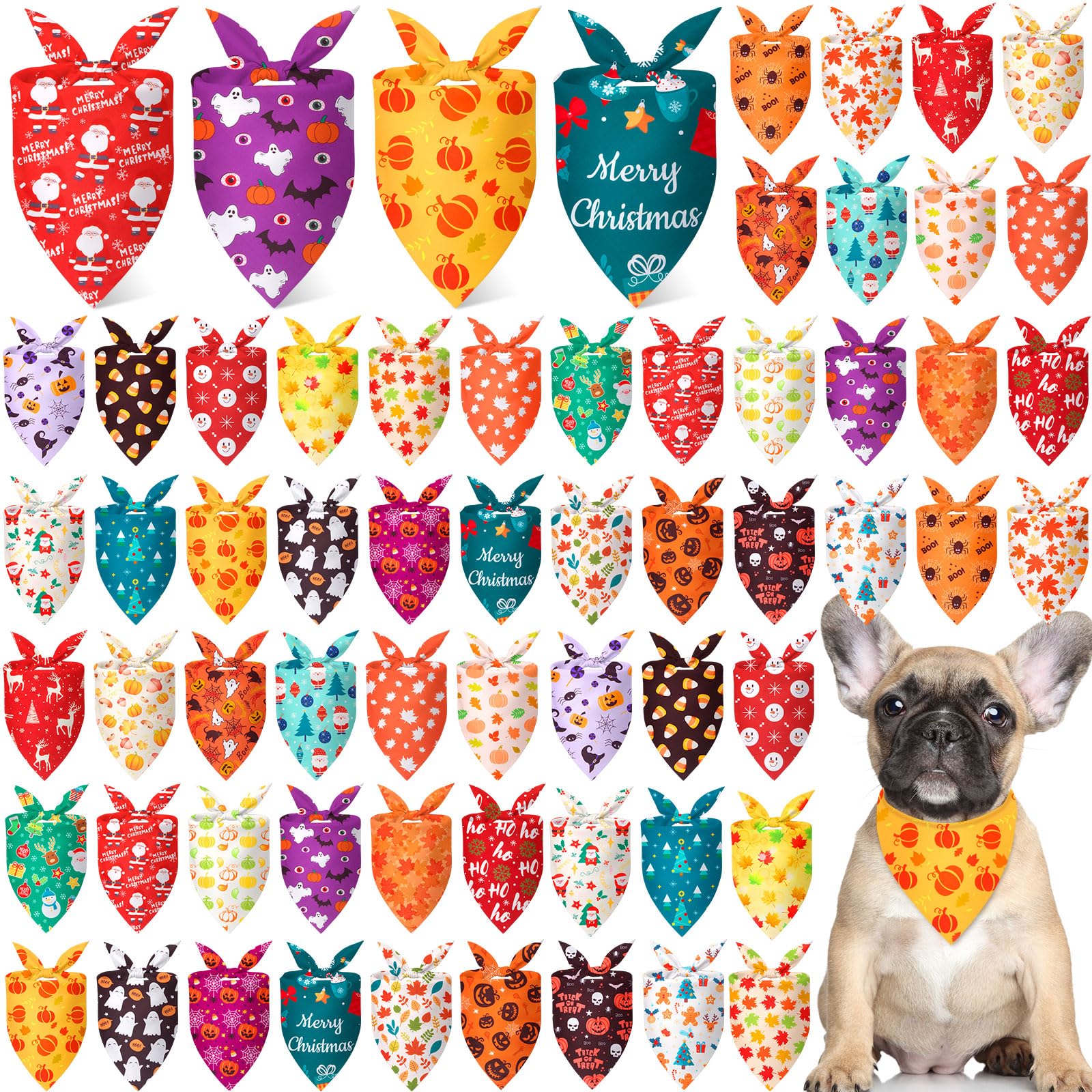 Chunful 60 Pcs Holiday Bandanas for Dogs Fall Halloween Thanksgiving Christmas Santa Patterns Soft Bibs Adjustable Triangle Doggie Scarf for Small Medium Large Pet Costume(25.6 x 17.7 x 17.7 Inch) โ image 1