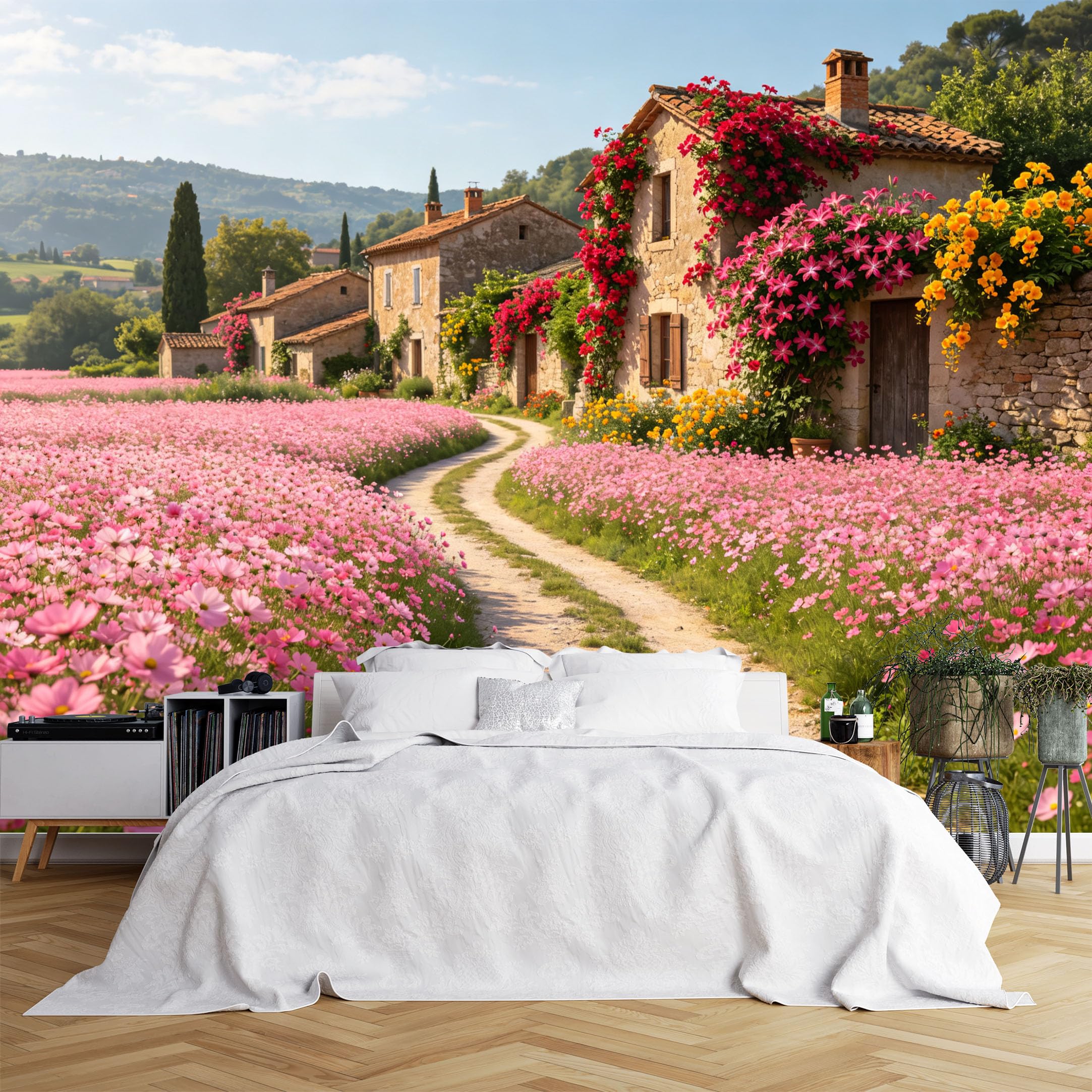 Lcythiazole Ch260615115 Custom Size Wall Murals Provence Stone House Cosmos Flower Countryside Wall Murals Vivid Landscape Wallpaper Home Decor Self-Adhesive Removable Wallpaper For Bedroom