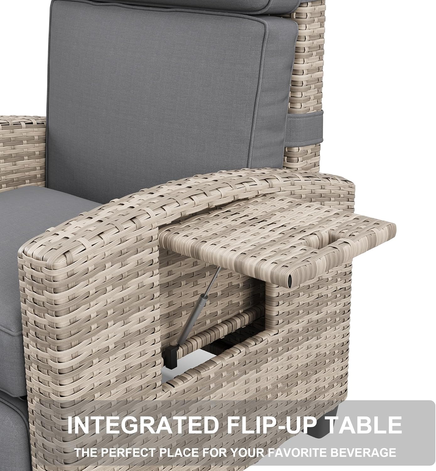 Close-up of the integrated flip-up table on the chair's armrest