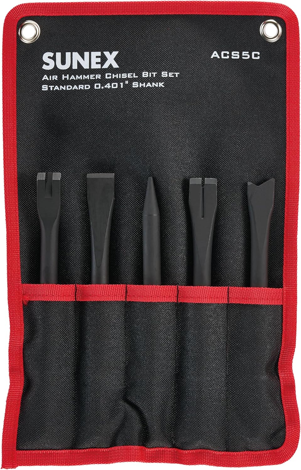 SUNEX TOOLS ACS5C Air Hammer Chisel 7” Cutting Set in Portable Tool Roll, 5-Piece