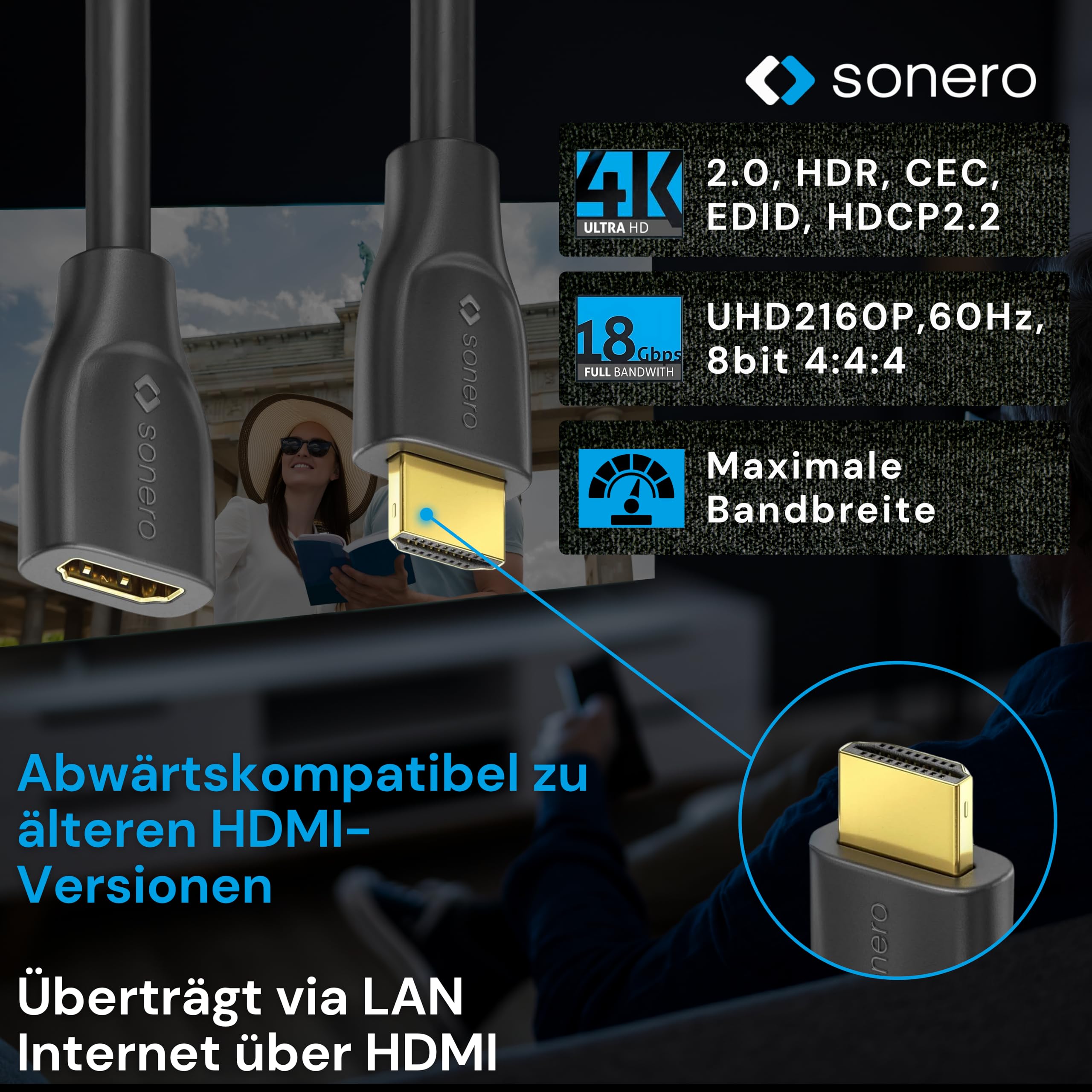 Sonero cavo di prolunga Premium High Speed ​​​​HDMI 4K, spina HDMI A a presa HDMI A, contatti dorati, doppia schermatura, 1, 50 m, nero
