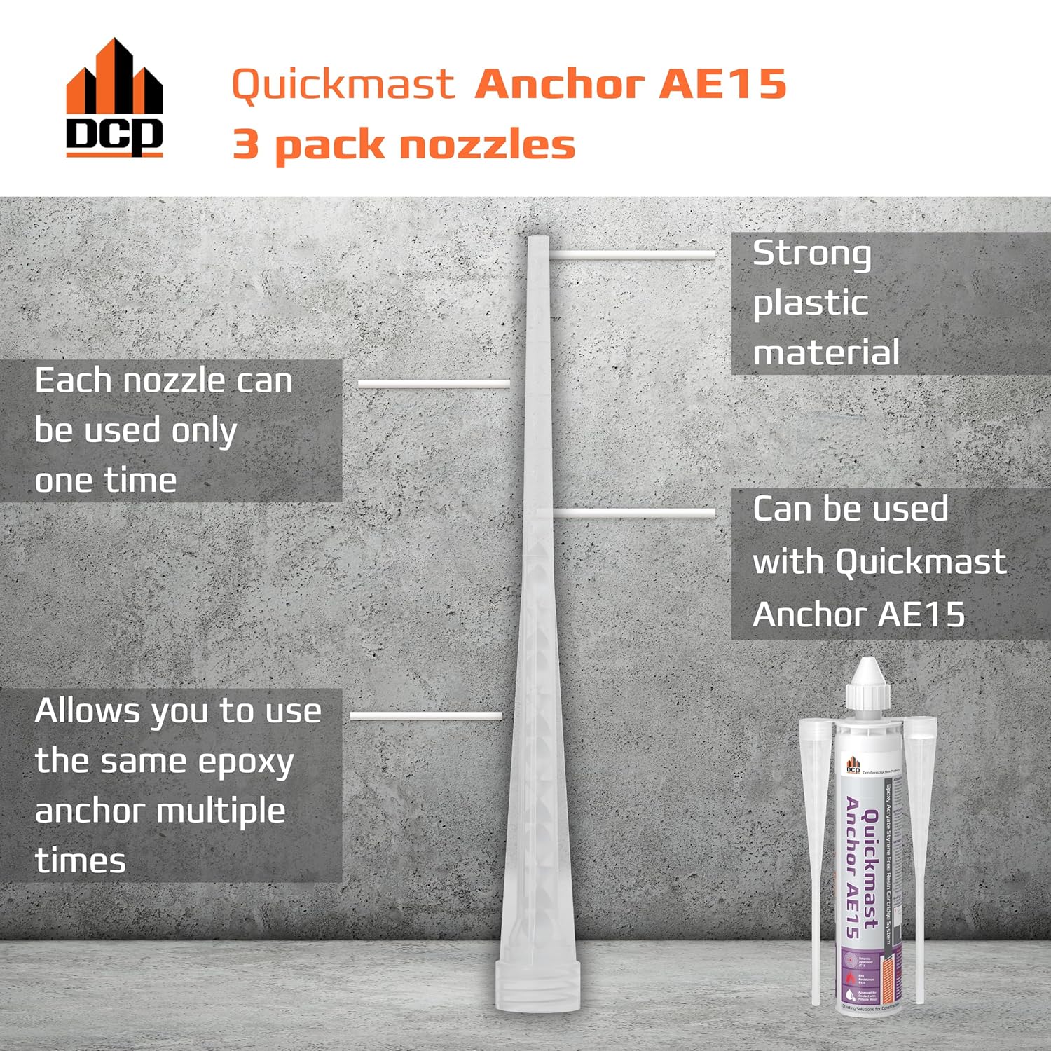 DCP Quickmast AE15 2-Pack Concrete Epoxy for Rebar and Rods with 3-Pack Replacement Nozzles and Caulking Gun, 12:1 Thrust Ratio – High-Strength Anchoring System