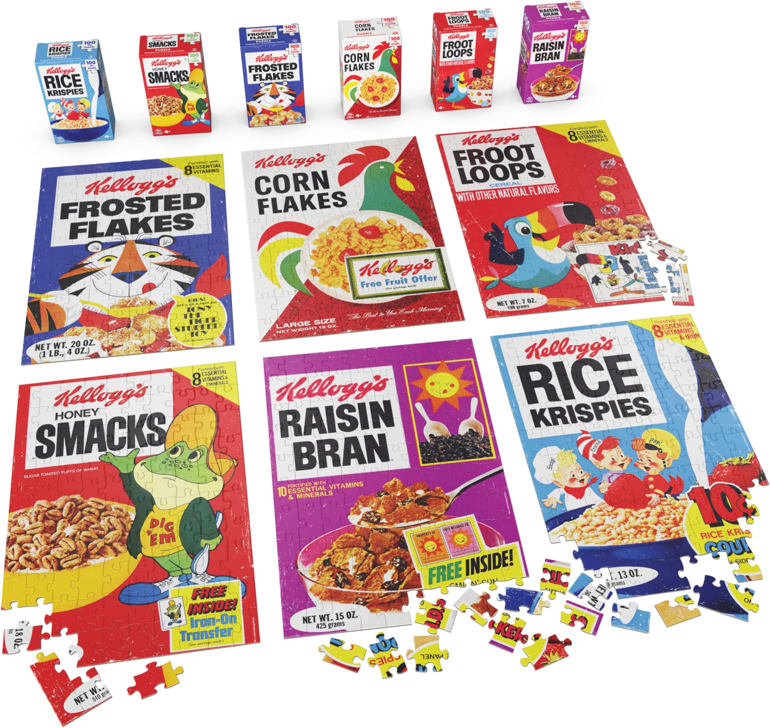 Kellogg's Cereal 100-Piece Puzzles 6-Pack, Square Cereal Boxes Puzzle Gift Set, Froot Loops, Rice Krispies, Raisin Bran, Corn Flakes, Frosted Flakes, Honey Smacks for Ages 4 & Up