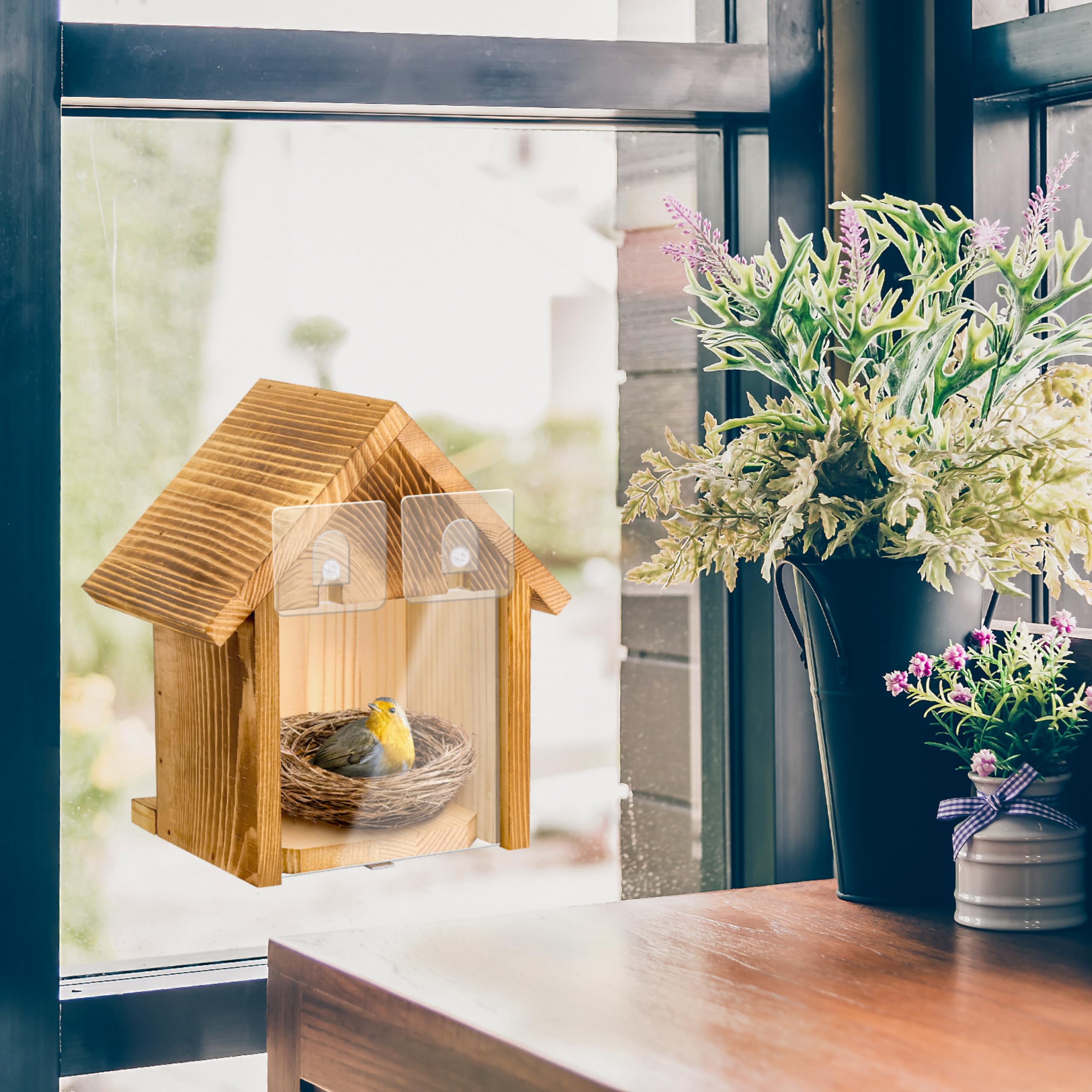 Casas para pájaros con ventana para exteriores con 2 potentes ganchos, casa de pájaros con ventana transparente para ver en el interior, casas de pájaros de madera colgantes para pintar al aire libre, 6
