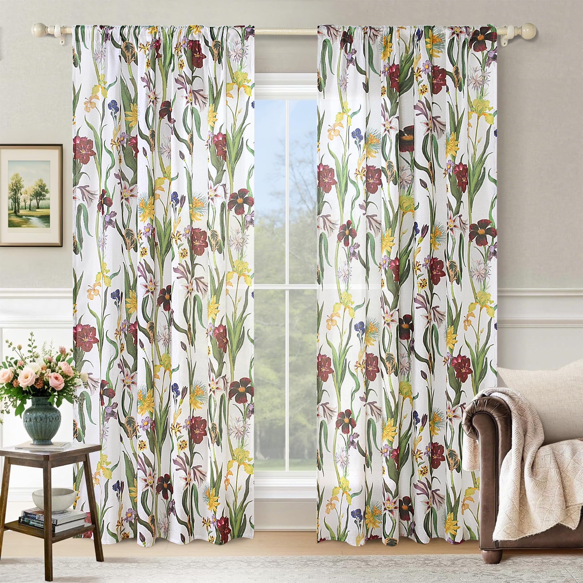Schweek Boho Floral Curtains 96 Inches Long 2 Panels for Living Room White