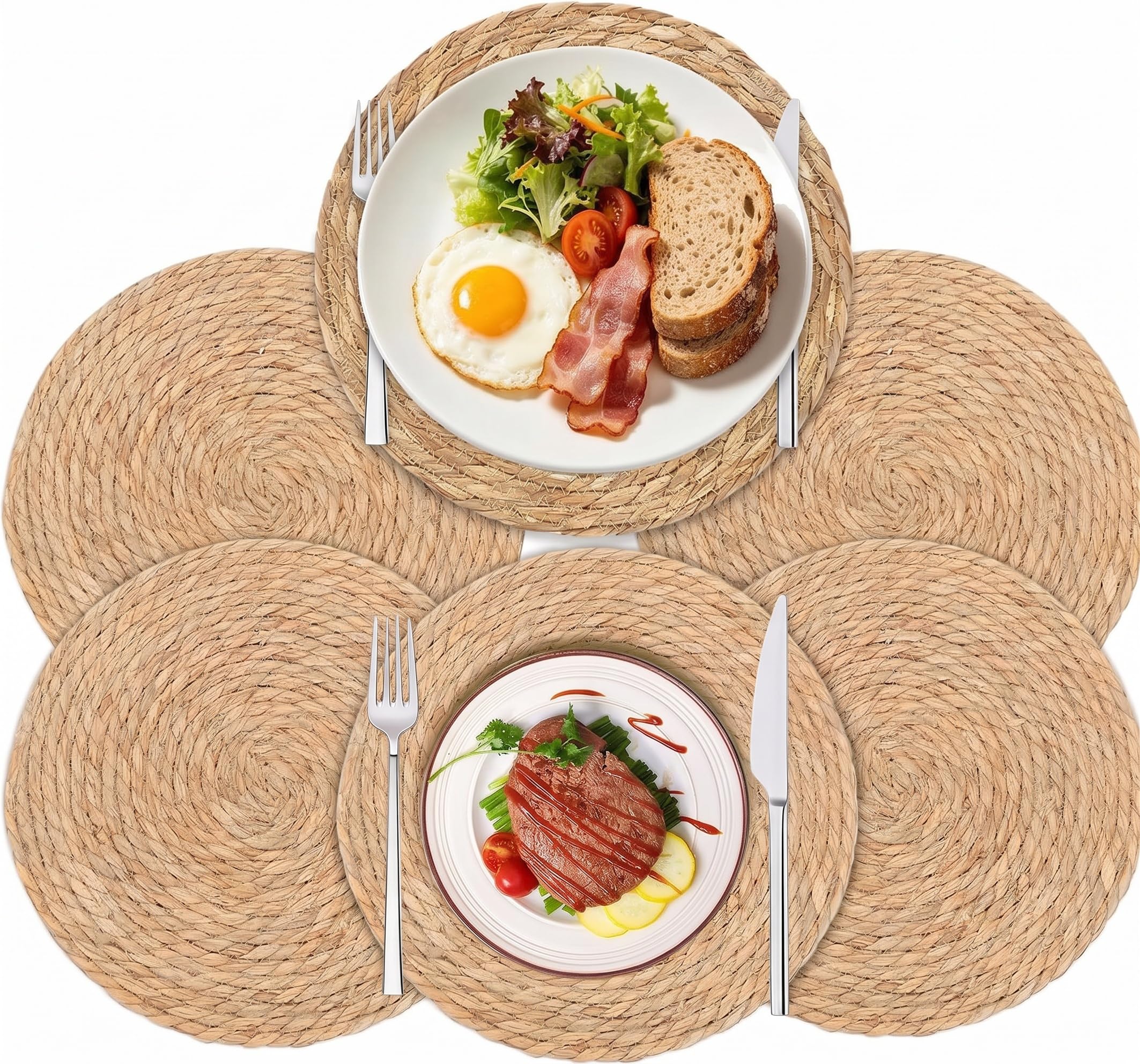 6 Stück Tischset Rund Geflochten, 33cm Platzsets Handgemachte Platzdeckchen | Runde Platzsets Telleruntersetzer Natürliche Geflochtene Stroh Tischset für Küche Bauernhaus Esszimmer Partytisch Boho Deko