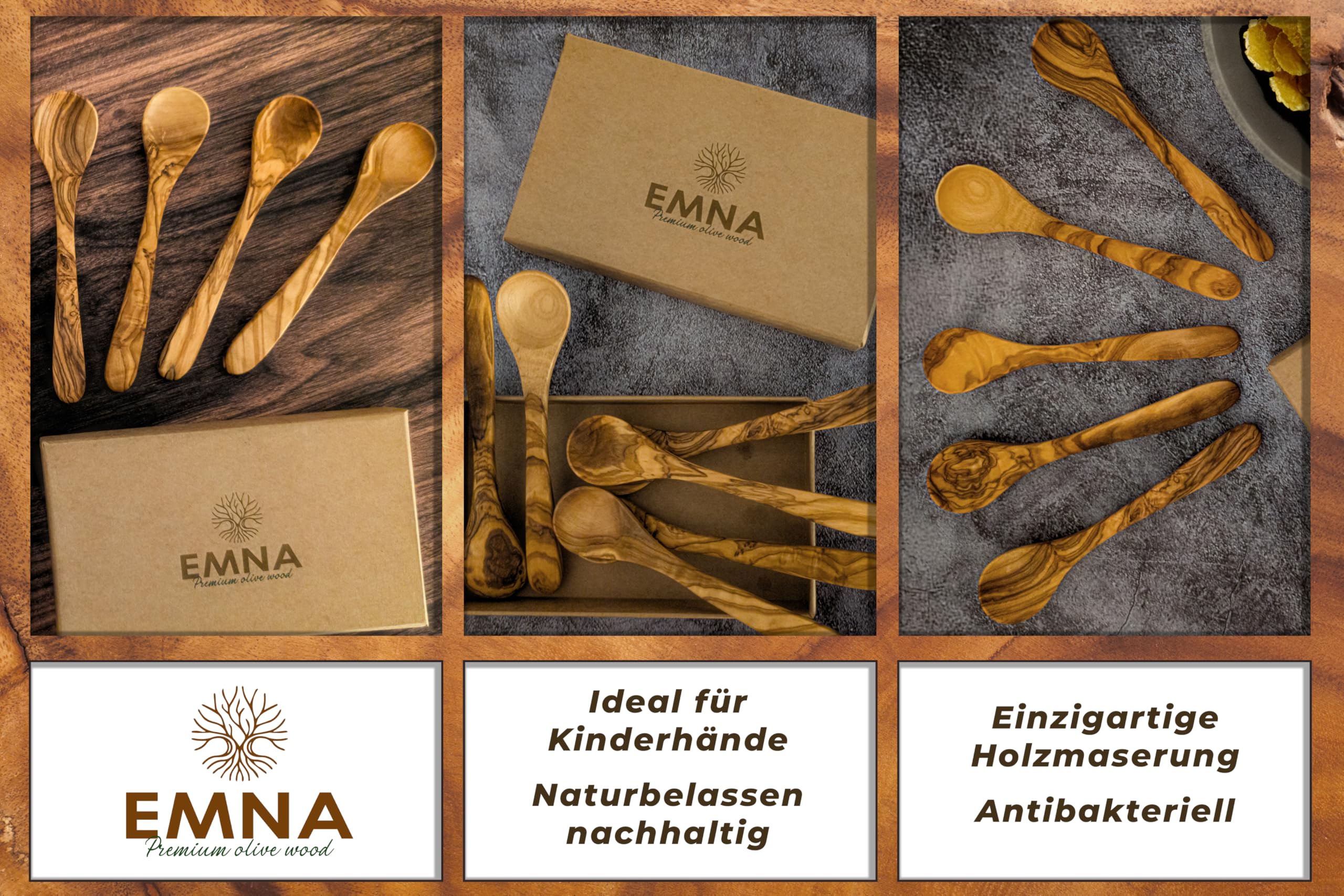 EMNA - Drewno oliwkowe 8 x łyżka 14 cm, łyżka do przypraw, łyżka deserowa, łyżeczka do kawy, łyżeczka do herbaty, naturalna, antybakteryjna, wszechstronna, pomysł na prezent do kuchni, smakoszy, w