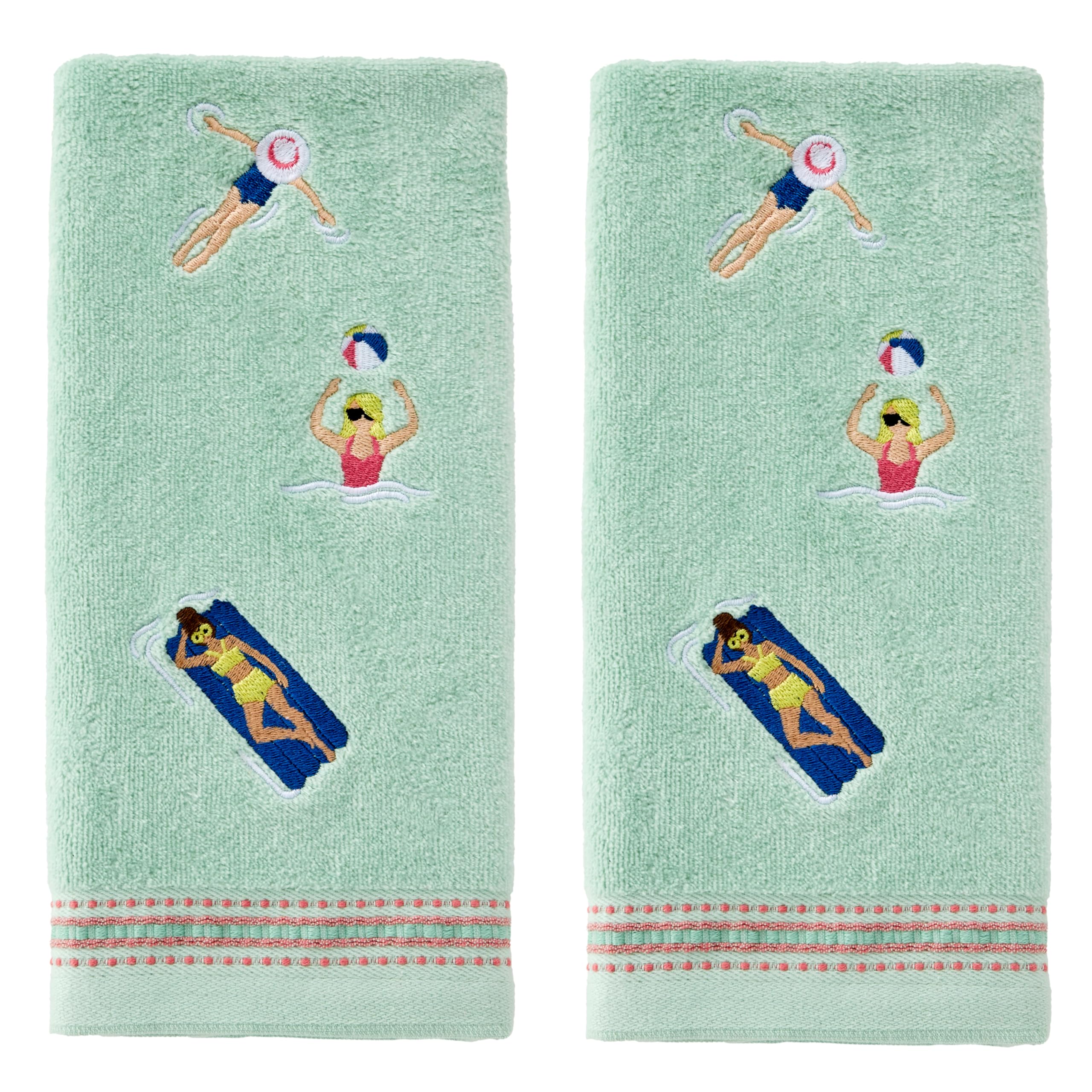 SKL Home Pool Party Hand Towel Set-2pc, Embroidered, Misty Jade | 100% Cotton. Decorative velour for summer fun & everyday décor. Can be used in the bathroom, kitchen, bar, or any sink space.