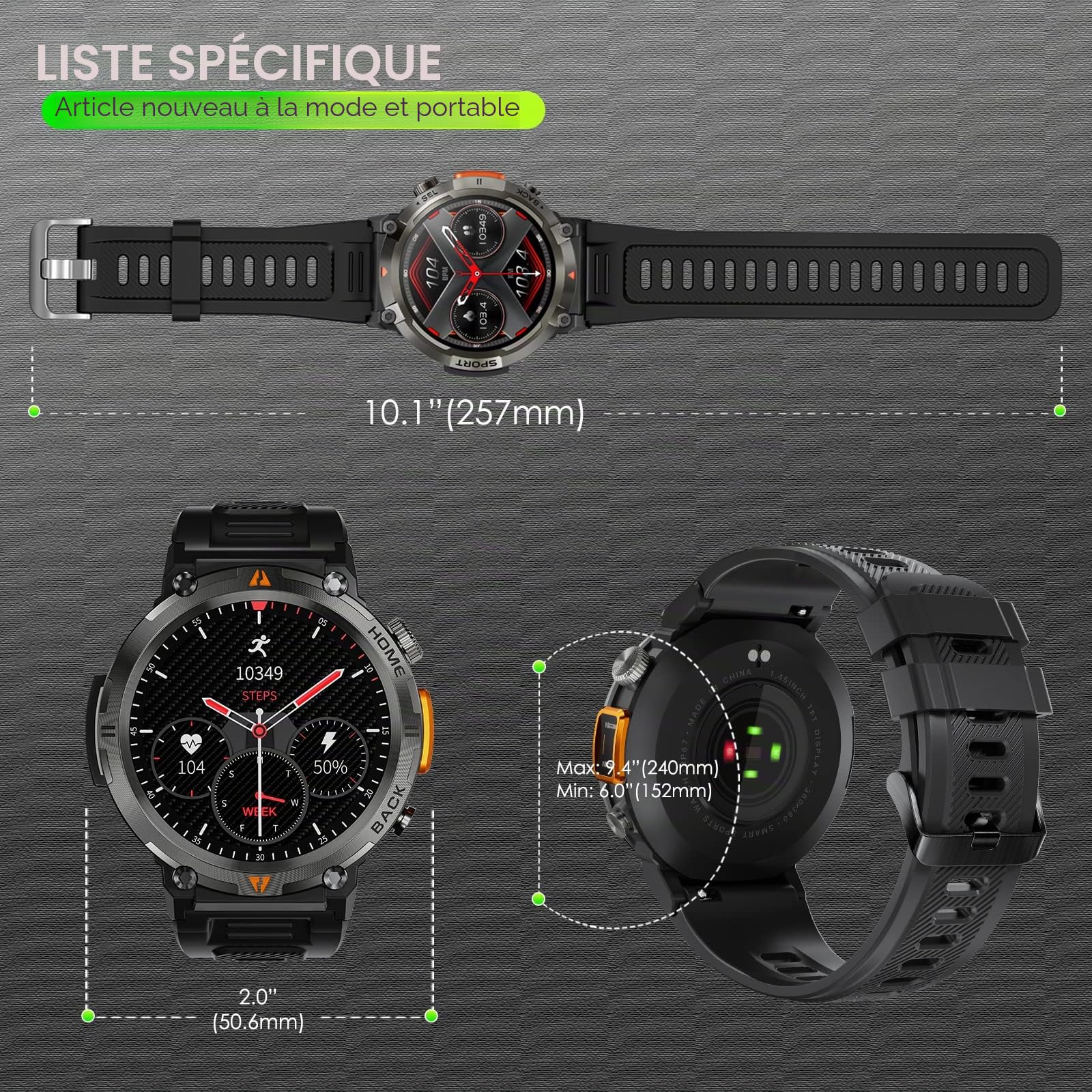 Montre Connectée Homme avec Appels Bluetooth, 1,45" Militaire Smartwatch | 3ATM Étanche avec Torche LED, Montre Fitness avec Fréquence Cardiaque SpO2 Surveillance 110+ Modes Sportifs pour Android iOS