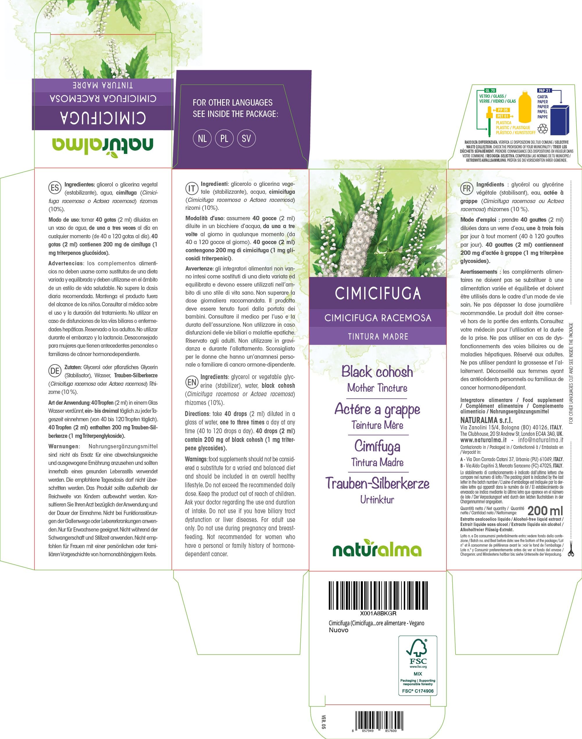 Cimicifuga (Cimicifuga racemosa o Actaea racemosa) rizomi Tintura Madre analcoolica Naturalma - Estratto liquido gocce 200 ml - Integratore alimentare - Vegano