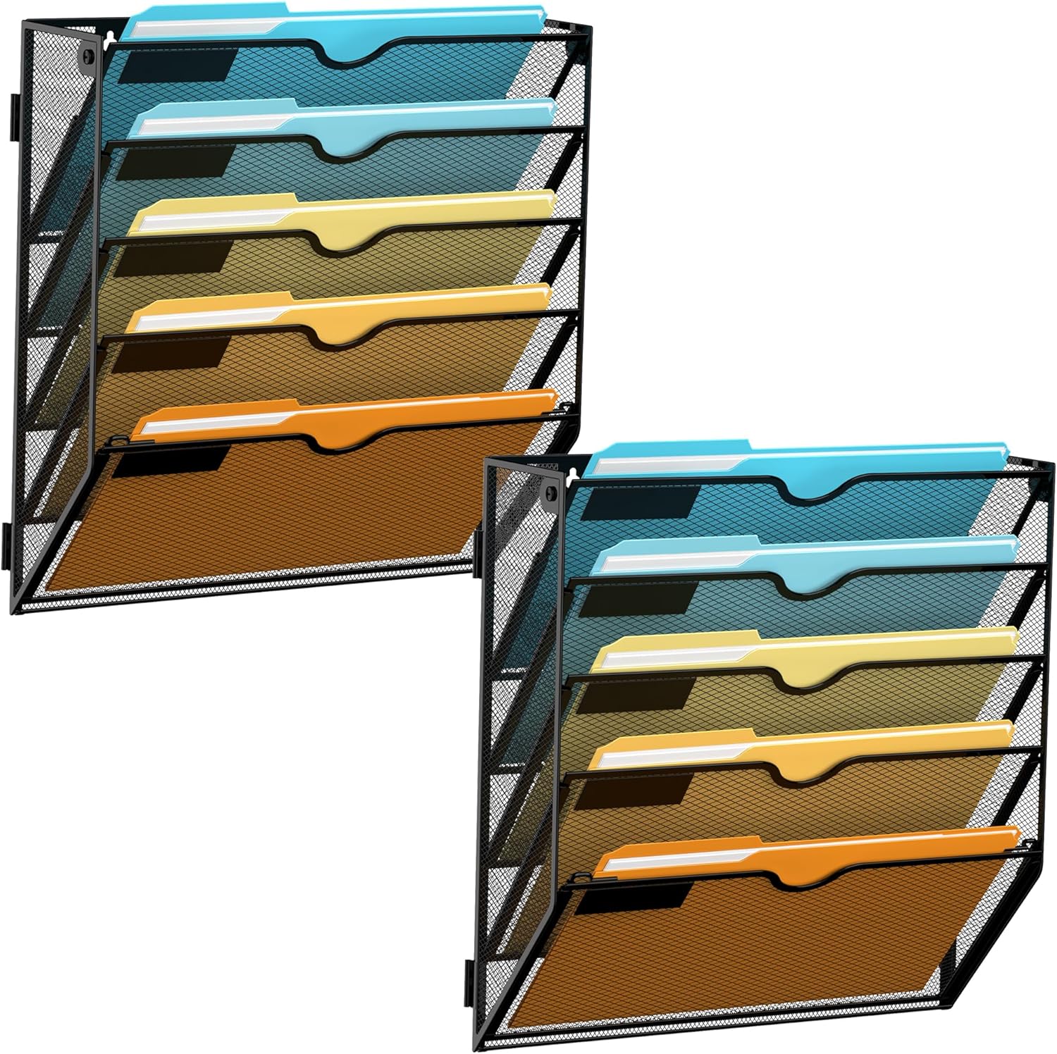 SUPEASY Wall File Organizer Mesh Office Mail Holder, Hanging Wall Organizer Magazine Rack for Office Black, 5 Tier, 2Pack