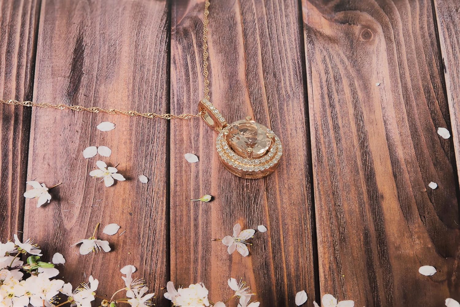 14K Rose Gold Oval 1-5/8 Ct Genuine Morganite Diamond Double Halo Pendant Necklace - Image 4