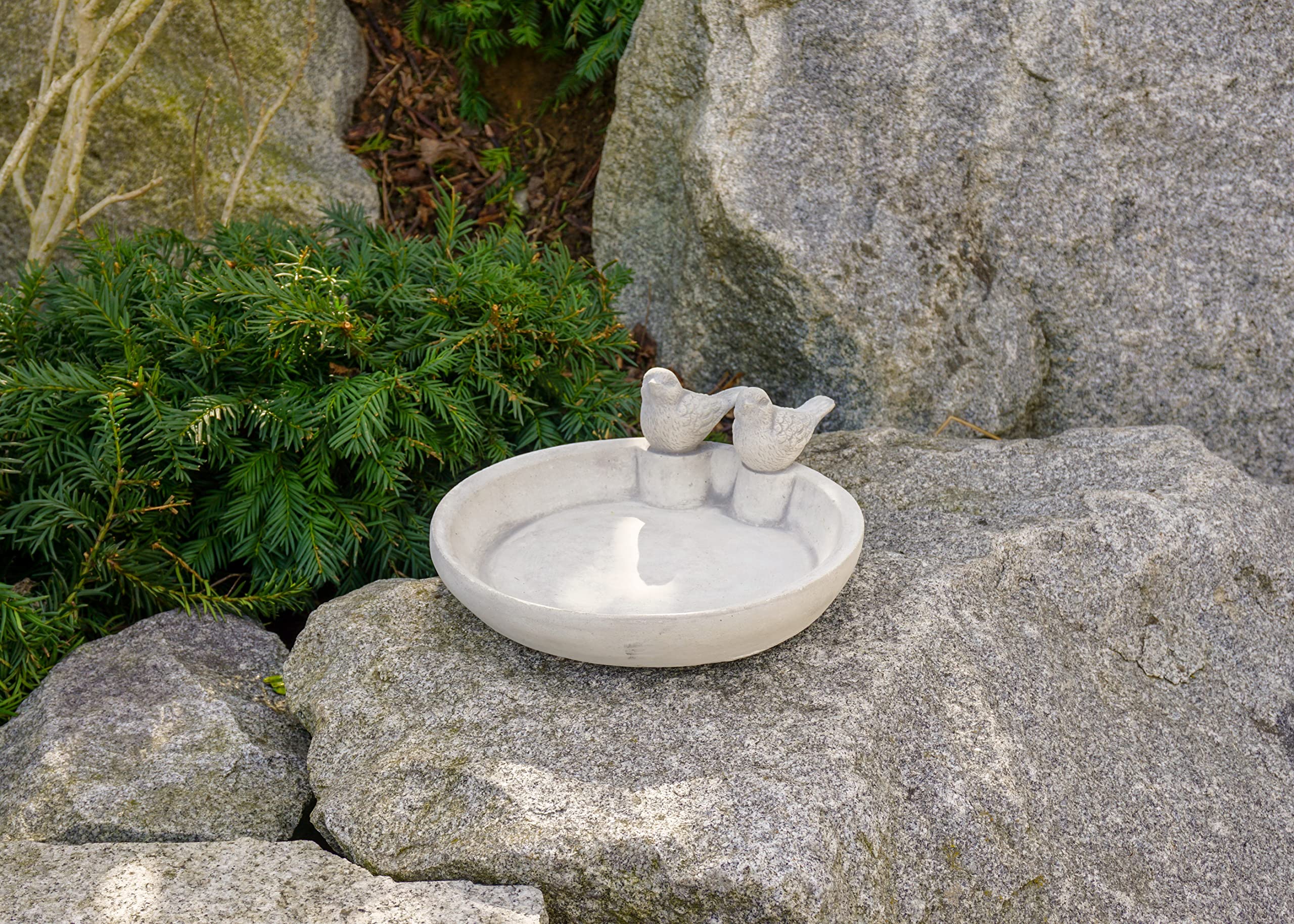 gartendekoparadies.de Kleine Trinkschale mit Zwei Vögeln, H. 10 cm, 2 kg, Grau, frostsicher aus Steinguss für Außenbereich