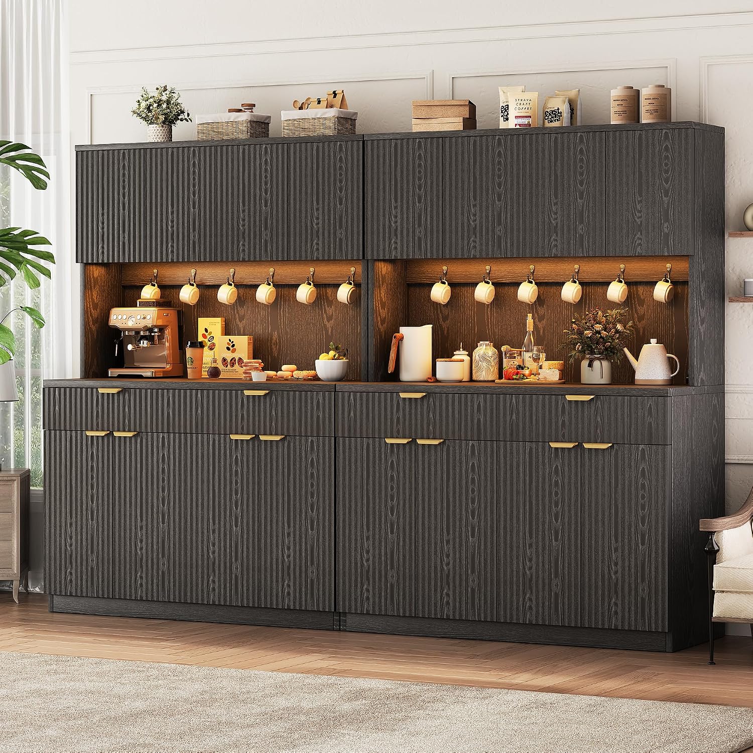 Fluted Kitchen Pantry Storage Cabinet with Charging Station/LED Light/Drawer/Doors/Shelves, 71'' Tall Kitchen Food Hutch with Microwave Stand for Dining Room Living Room (Black, 47*15.7*71)