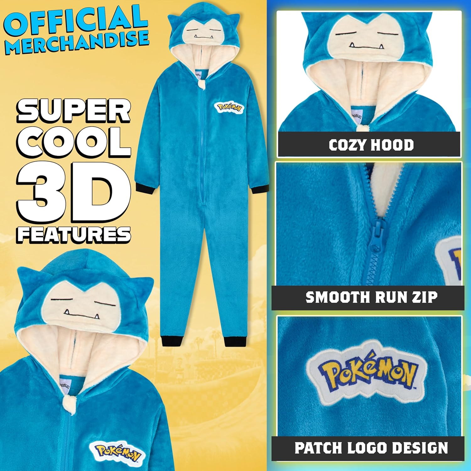 Pokemon One-Piece Pajamas for Boys Teens, Fleece Jumpsuit with Hood, Pikachu Snorlax Gengar Loungewear PJs, Gifts for Boys - Image 3