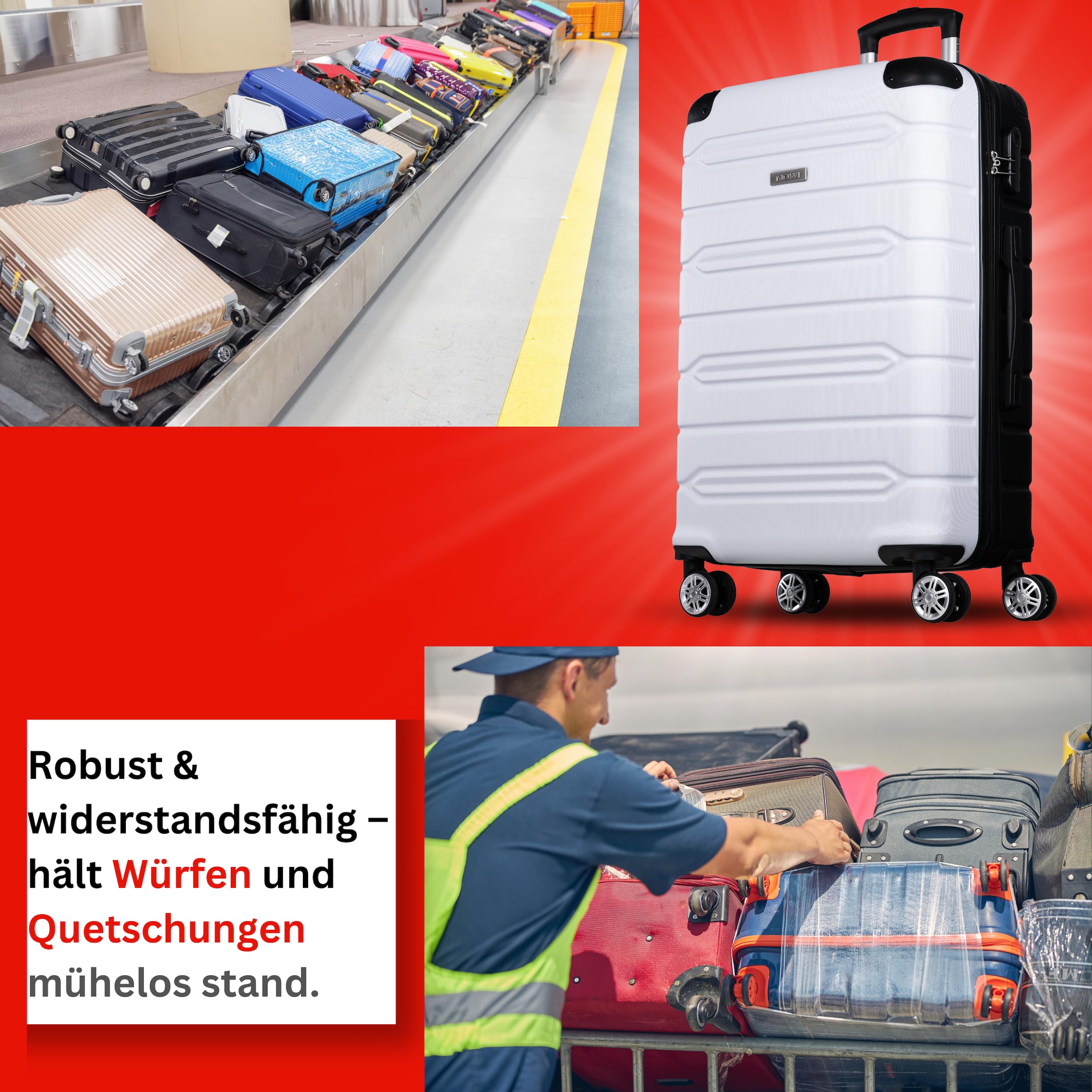 NOWI Walizka z twardą obudową, średnia, pojemność 62,7 l, 8 kółek, obracana o 360°, lekka walizka z tworzywa ABS, z zamkiem szyfrowym i drążkiem teleskopowym, walizka podróżna, walizka podręczna