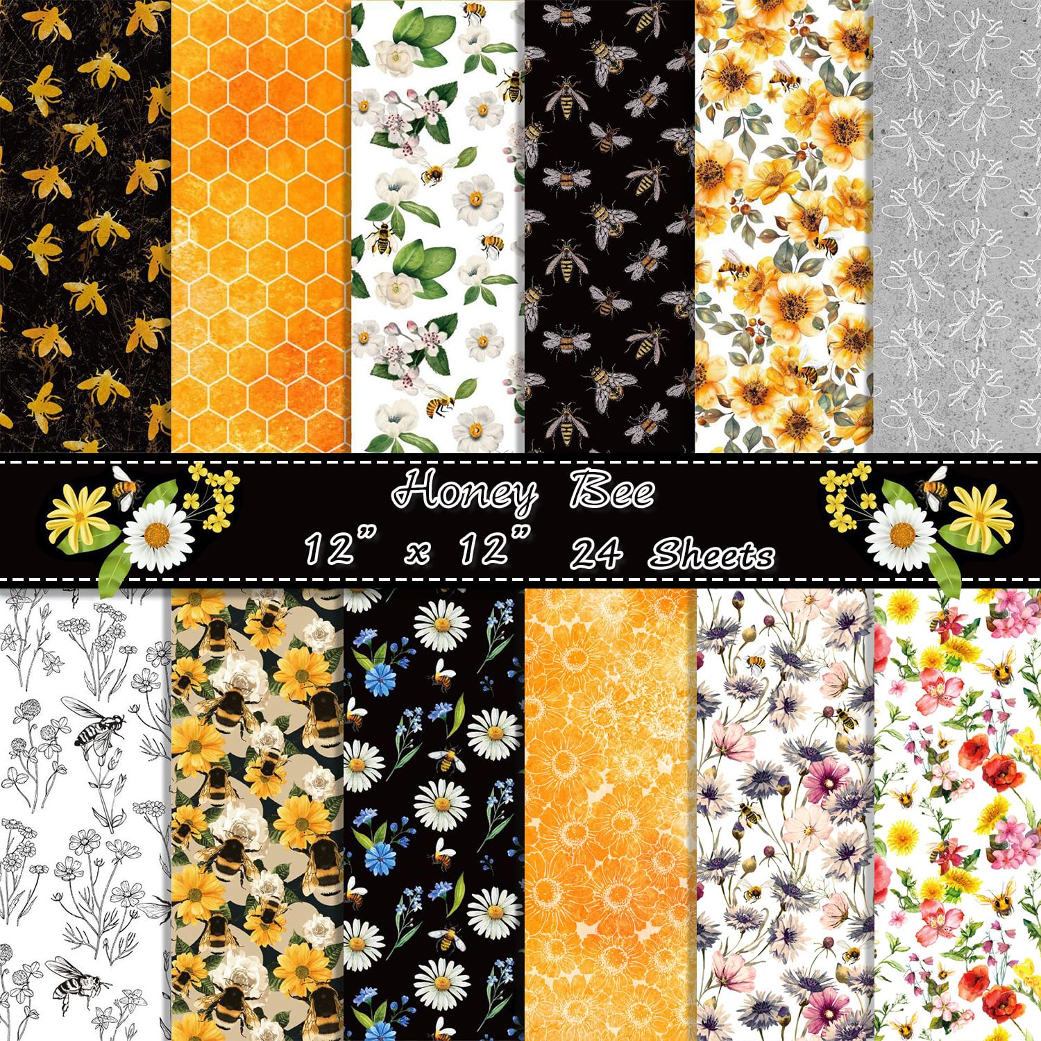 24 arkusze papieru z wzorem pszczół, 30 cm x 30 cm papier do scrapbookingu, 12 stylów