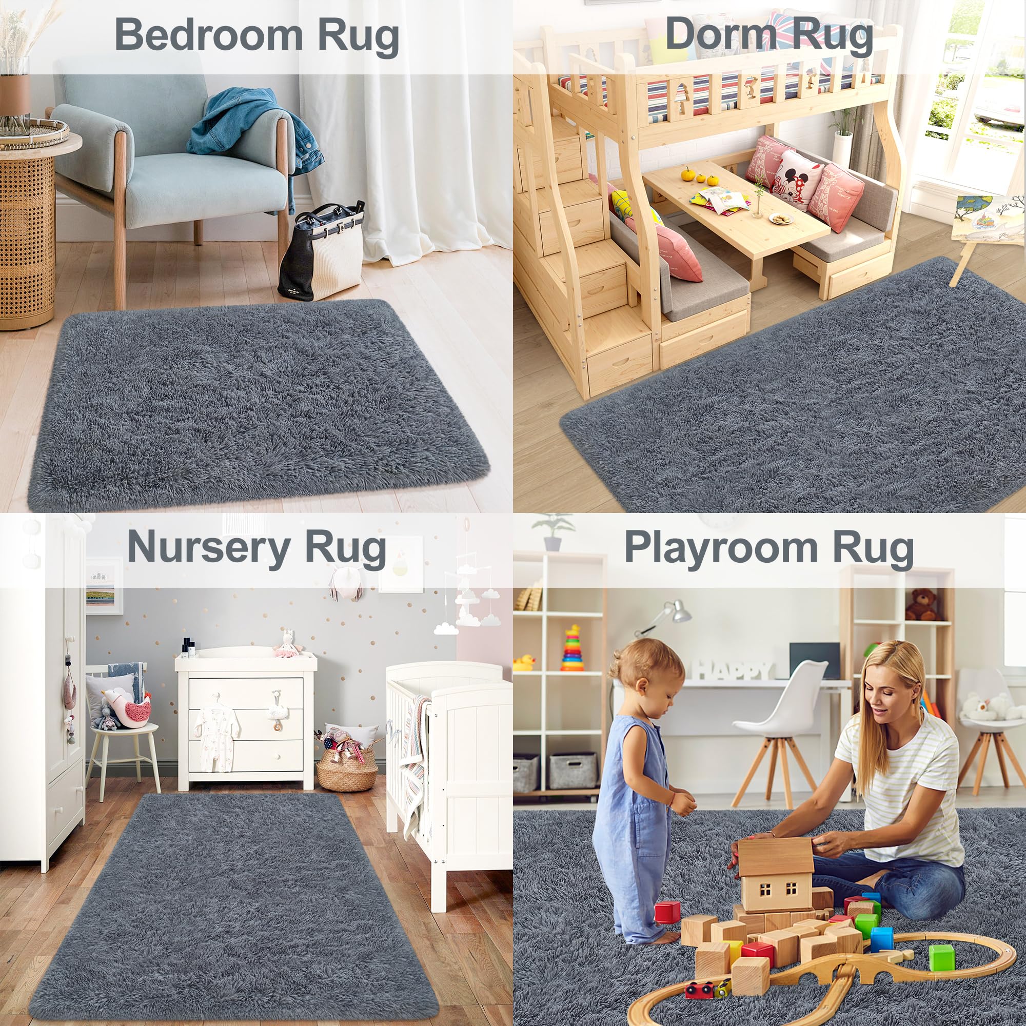 Tapis pelucheux à poils longs ultra doux et épais pour chambre à coucher, salon, dortoir, chambre d'enfant, décoration d'intérieur, esthétique, antidérapant, durable, 1,5 x 2,4 m, gris