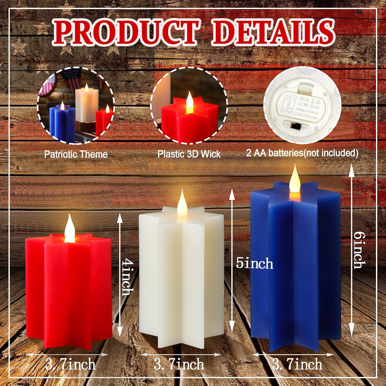 4th of July Patriotic Flameless Candles – Set of 3 Red White Blue Flameless LED Pillar Candles with Remote, Timer, Flicker Mode, Made of Paraffin and Battery Powered for Indoor Independence Day Decor