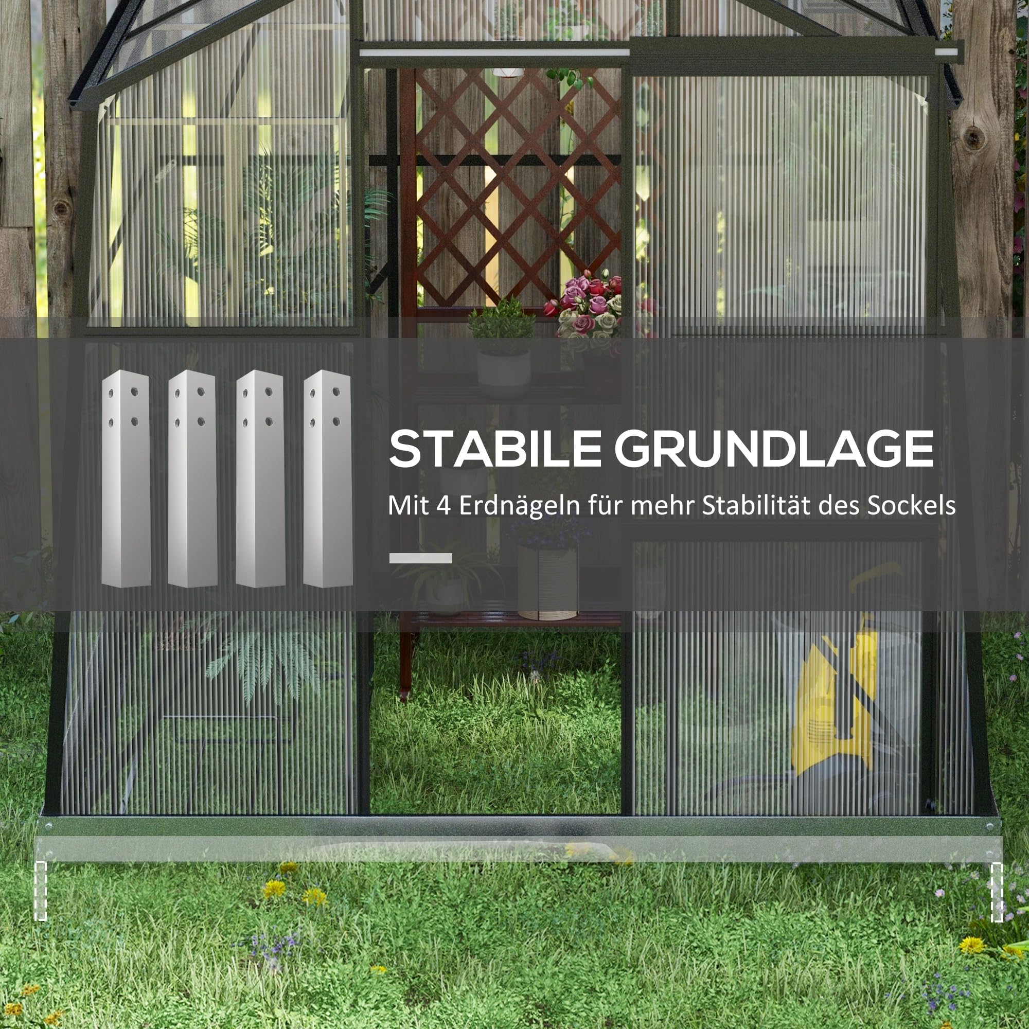Outsunny Gewächshaus Aluminium mit Fundament 192 x 192 x 204 cm Schwarz | Treibhaus, 3,68 m², Tomatenhaus, Fenster, Schiebetür, Aufzucht Pflanzenhaus, für Garten, Balkon