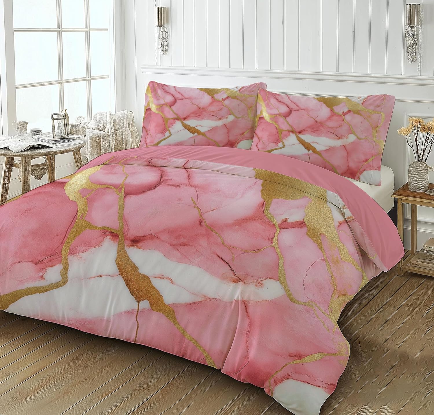 Pink White Marble Duvet Cover for Kids Boys GirlsKing Gold Texture Pattern Bedding Set Ultra Soft Comforter Cover Set Bedspread Cover Room Decor Bedclothes (No Comforter)