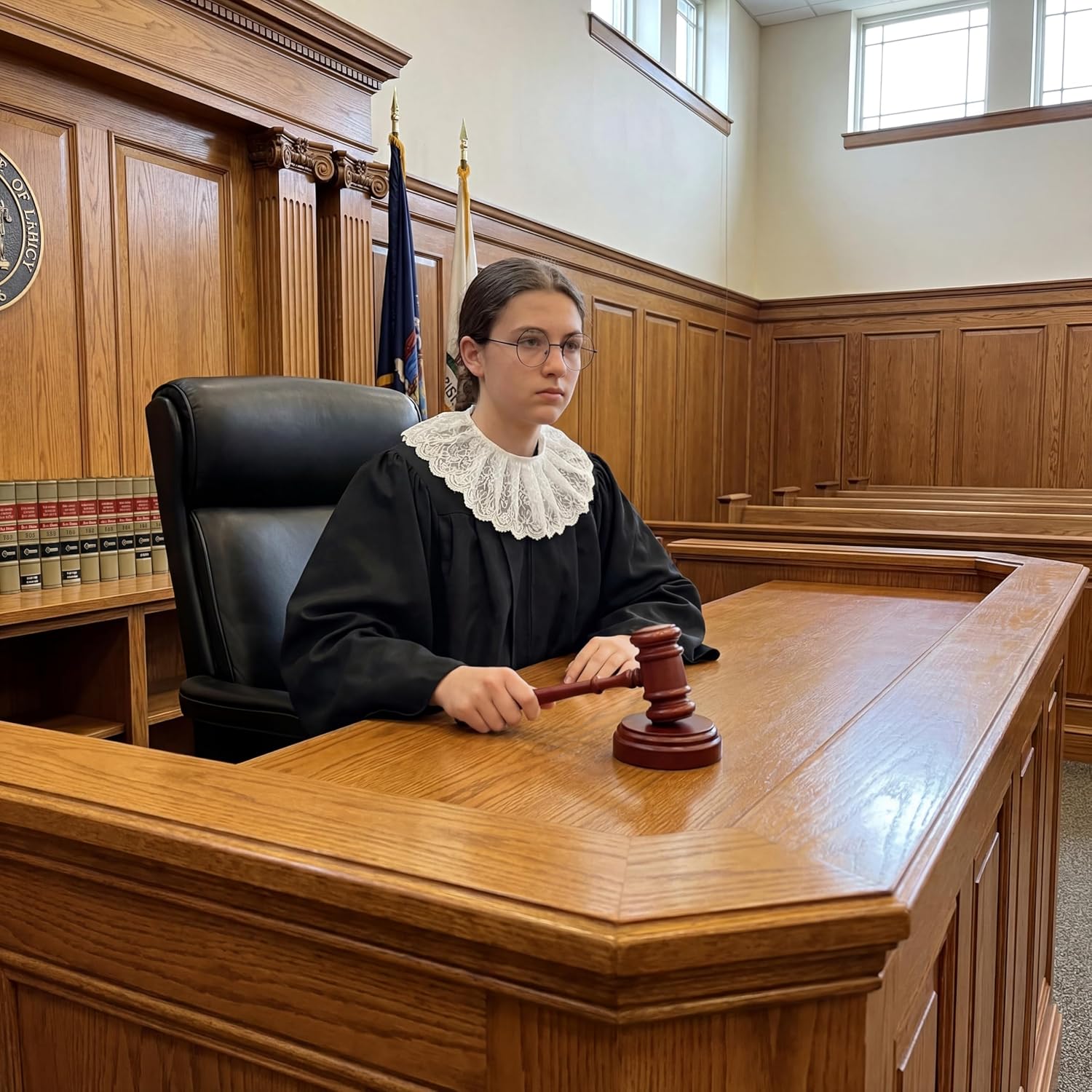 Yahenda 4 Pcs Judge Costume Accessory Robe Lace False Collar Plastic Gavel Round Glasses for Halloween Cosplay Party Favor