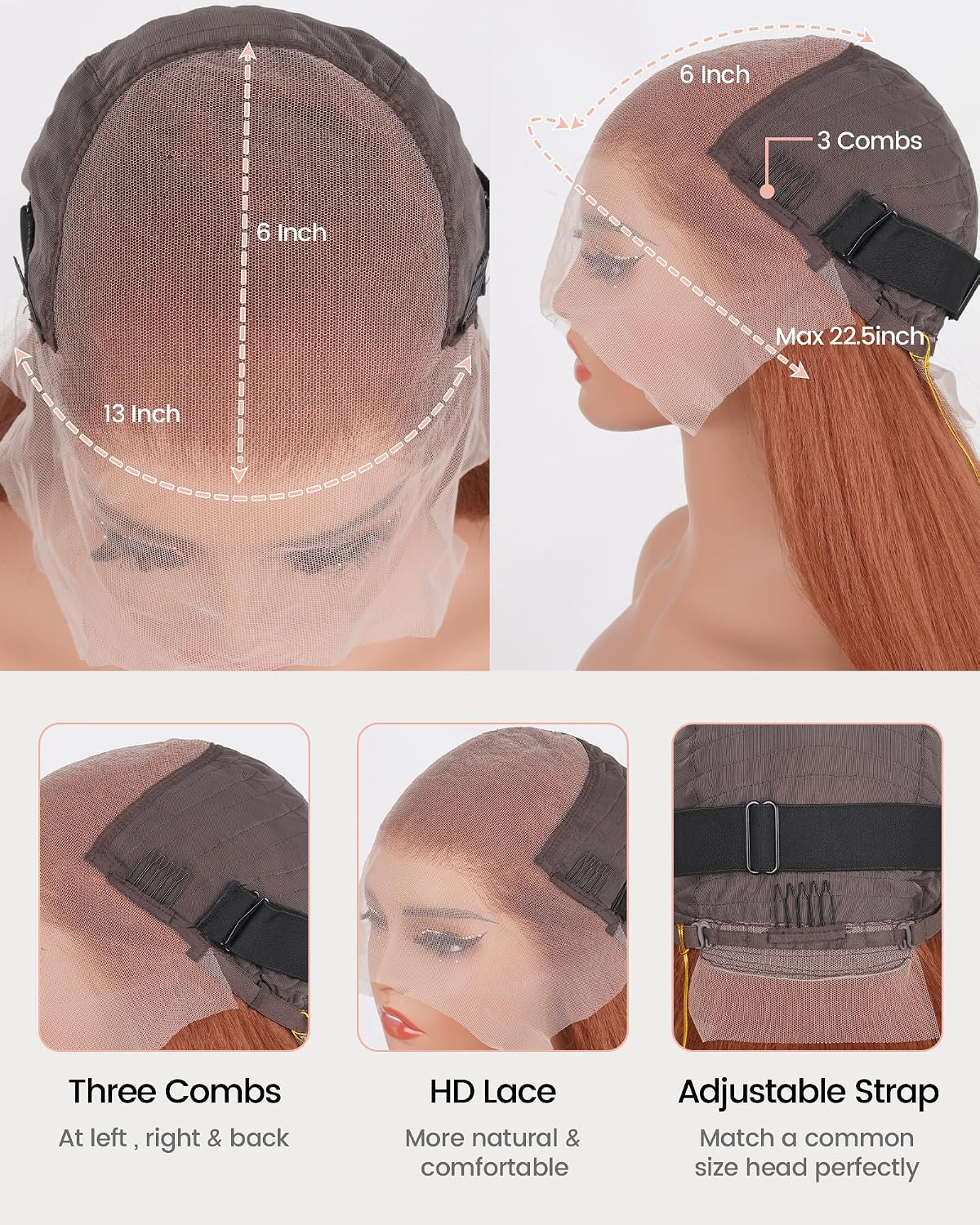 Kinky Straight Lace Front Wigs Pre Plucked with Baby Hairs 180% Density Yaki Straight 13x6 Synthetic Transparent HD Glueless Lace Wig as Human Hair Auburn Brown 22 Inch