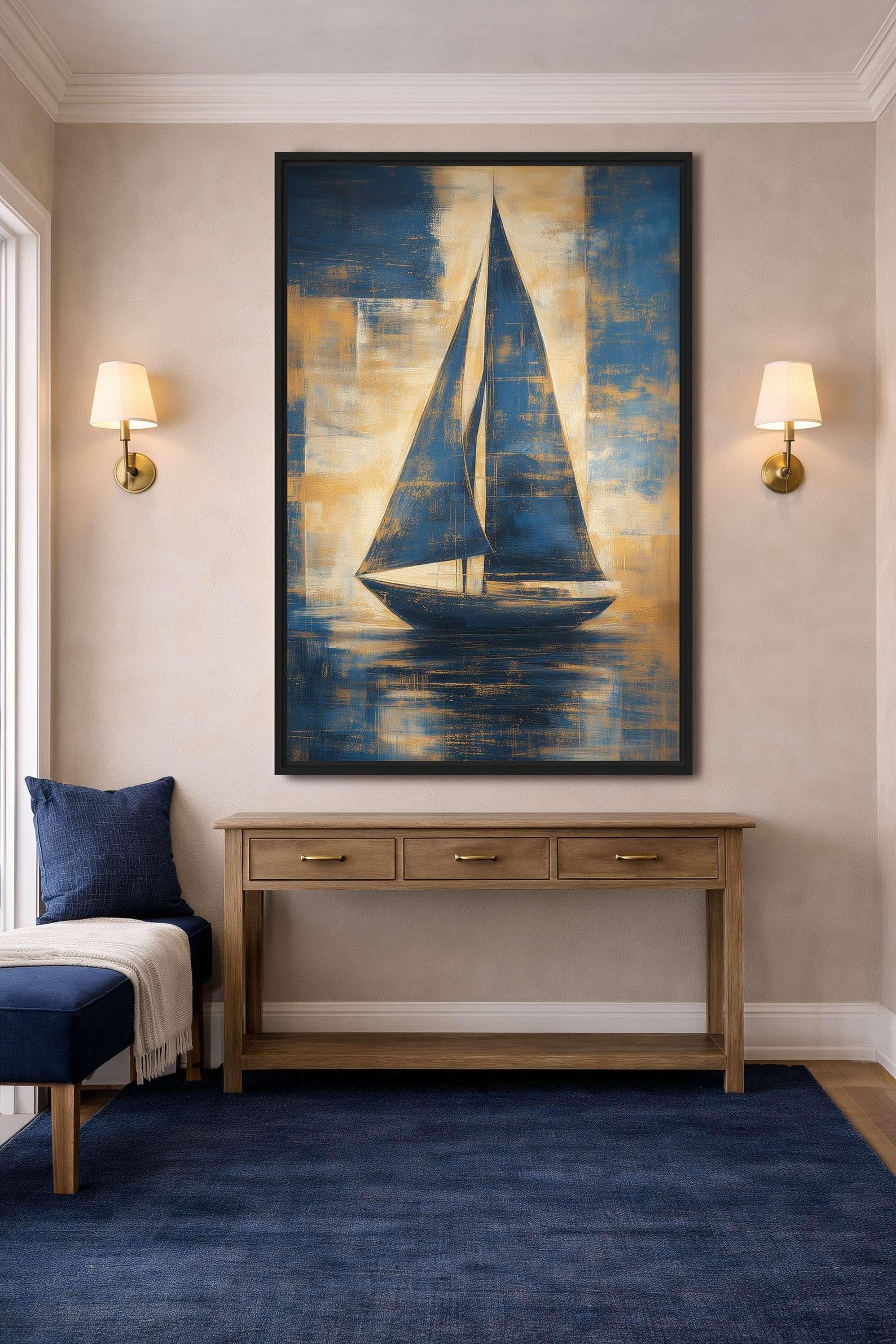 TONGYINLI Abstract Sailboat Wall Art, Navy Gold Coastal Posters Print，Vintage Sailboat Canvas Oil Painting for Living Room(70x110cm/Internal Frame)