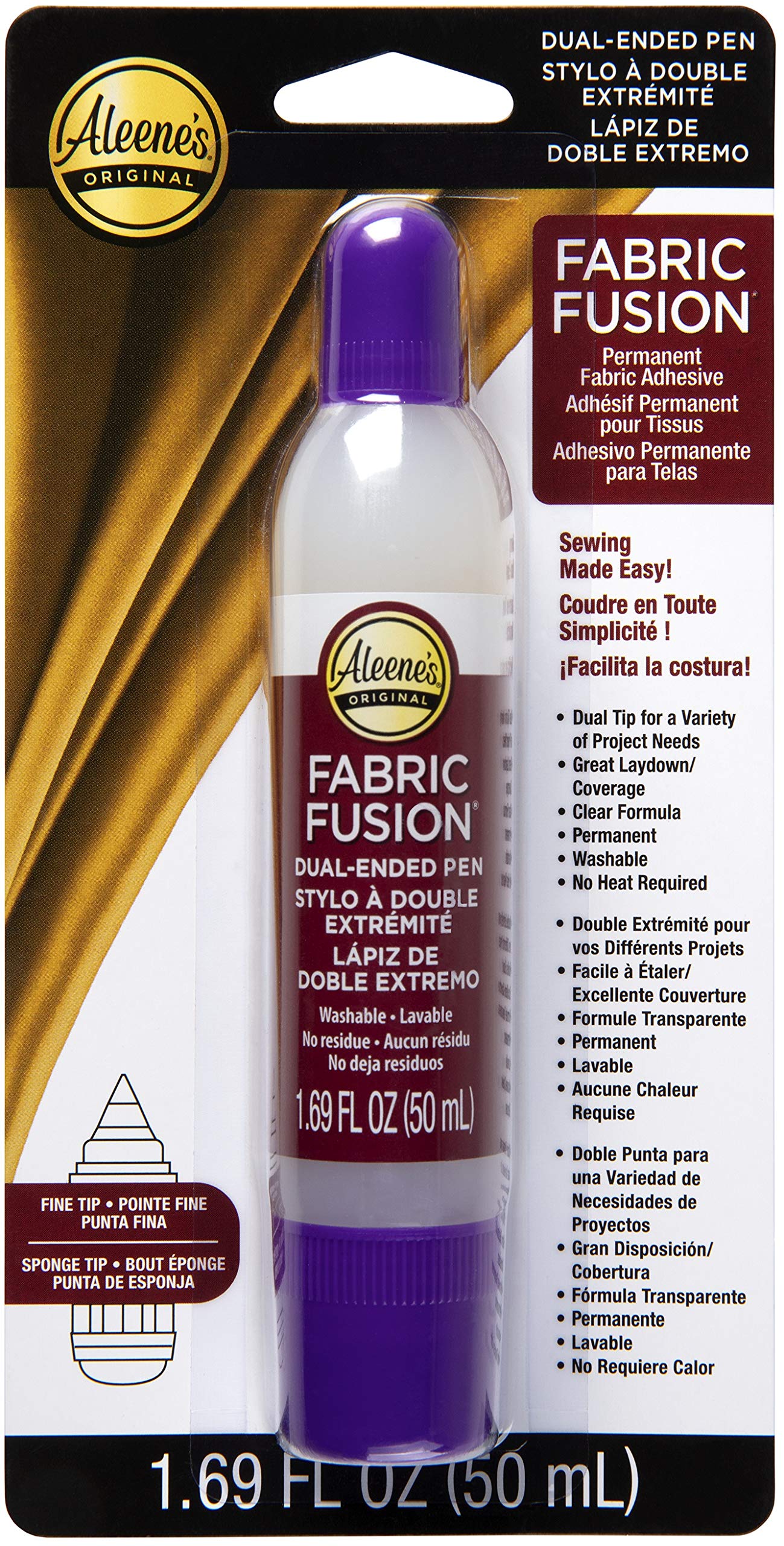 Aleene's Fabric Fusion Glue 1.6 oz Dual-Ended Pen, Fine Tip & Sponge Tip, Nontoxic, Permanent and Washable Adhesive, Dries Flexible, Strong Bond on Fabrics, Clothing, Denim, Materials
