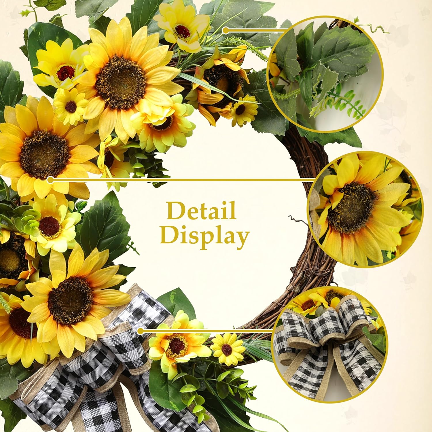 20 Inch Sunflower Spring Summer Wreath for Front Door, Artificial Sunflower Wreath with Green Leaves, Modern Farmhouse Wall Wedding Home Indoor Outdoor Decor