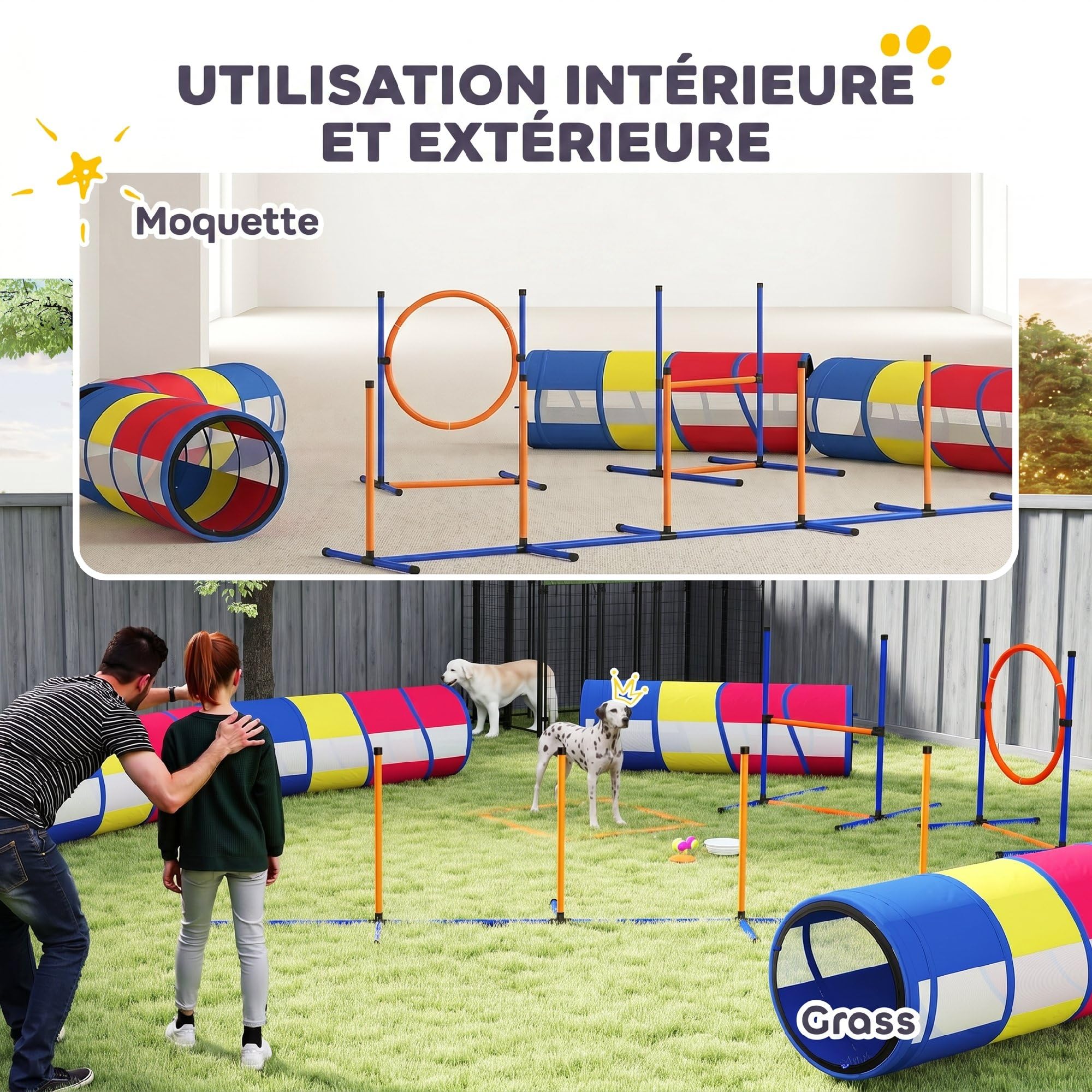 PawHut 12-częś. agility set, przeszkoda regul. i pierś. | Tor przeszk., Zest. ogrod., 4 tun., Słupki slal., Skrz. pauzy, Torb. smakoł., Miska, Torb. przen., Uż. wewn./zewn.