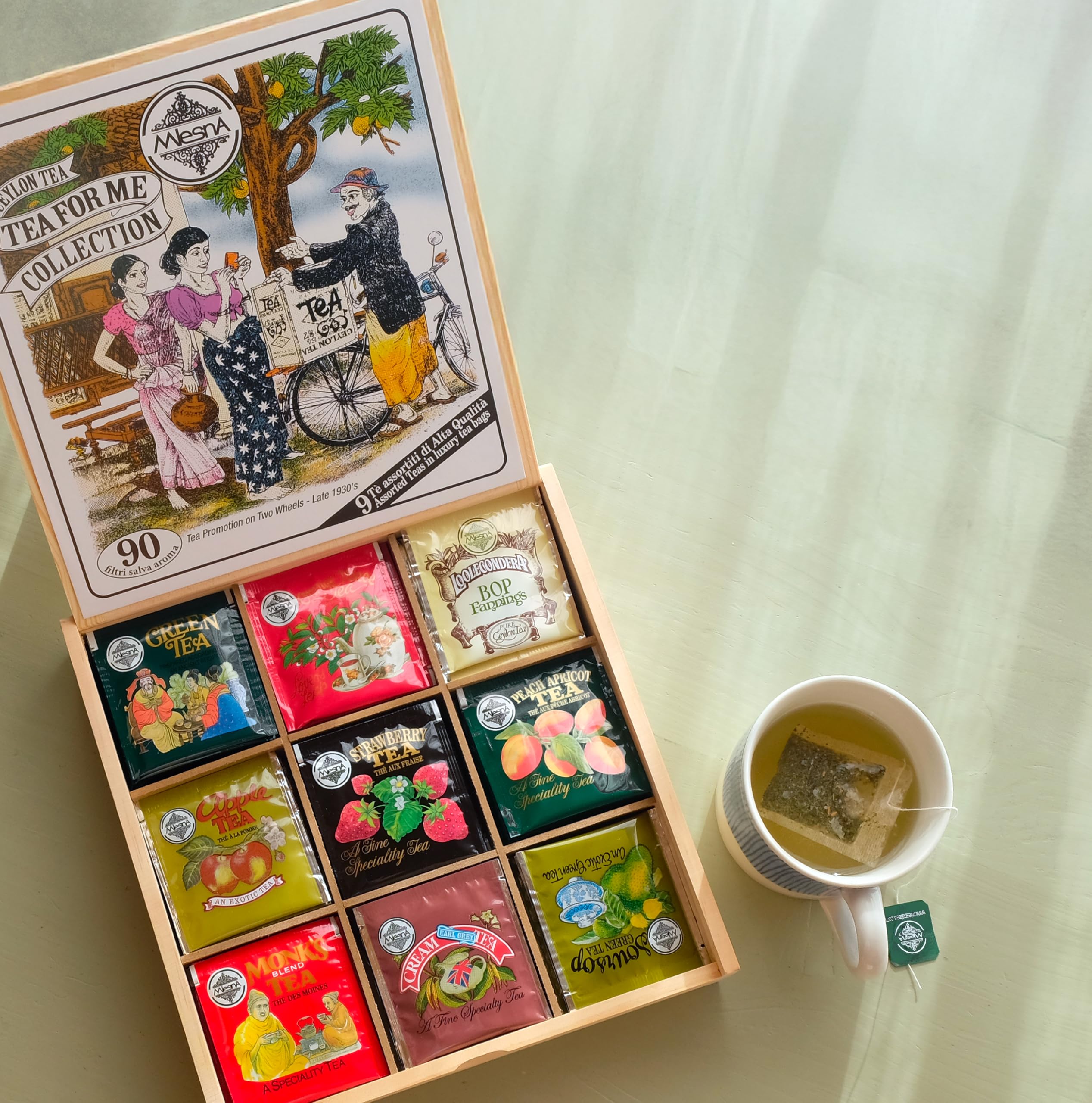 Mlesna Tea for Me Collection, Tè di Ceylon Assortiti, 90 Filtri in Bustine Singole, 9 Varietà, Scatola Regalo in Legno, Tè Puro con Aromi Naturali