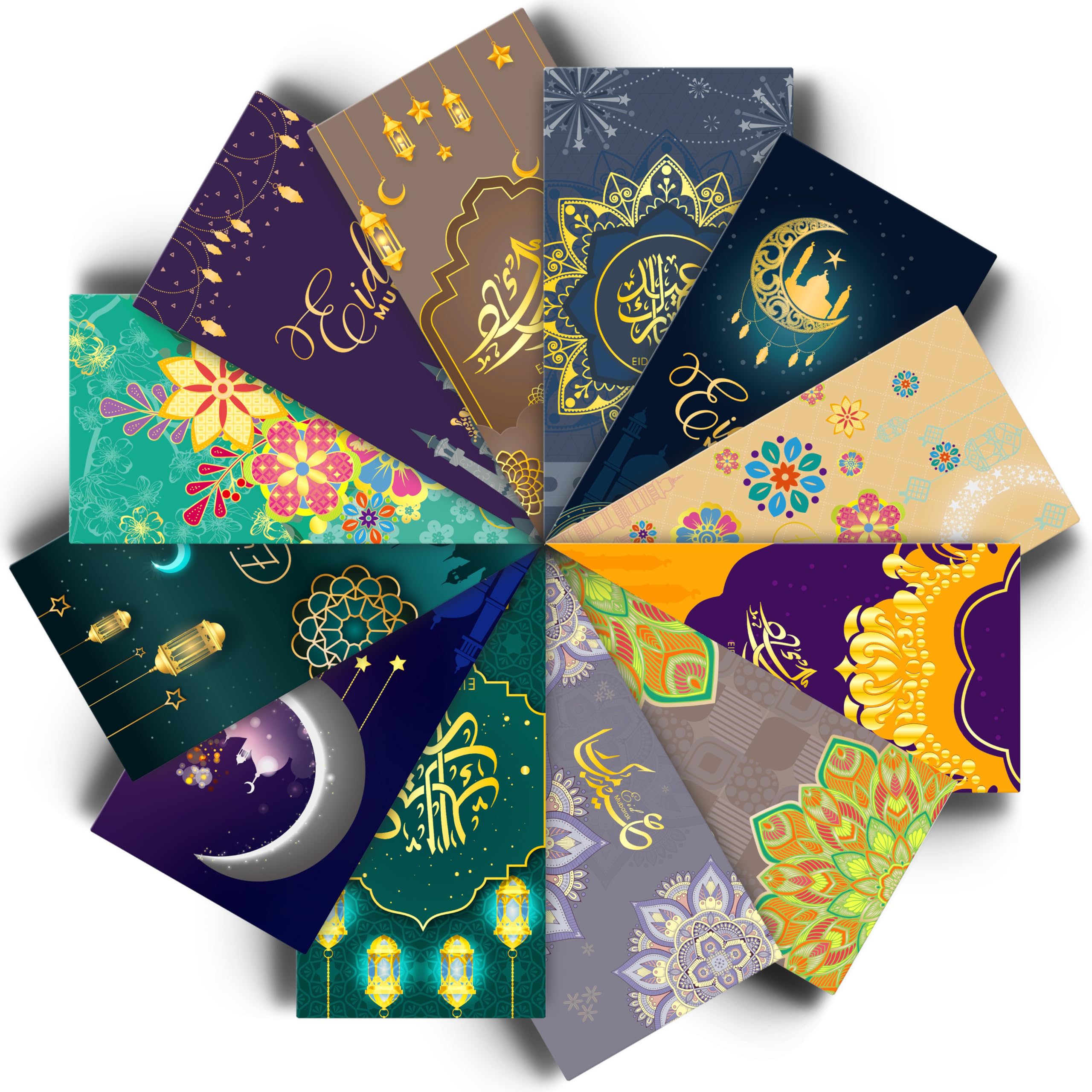 Eid Money Envelopes, Eid Mubarak Envelopes with Assorted Designs, Ramadan Eidi Envelope for Cash, 6.6" x 3.5" Gold Foil Money Holder for Kids, Eid al-Fitr and Eid al-Adha Gifting (12 Pack, 12 Styles)