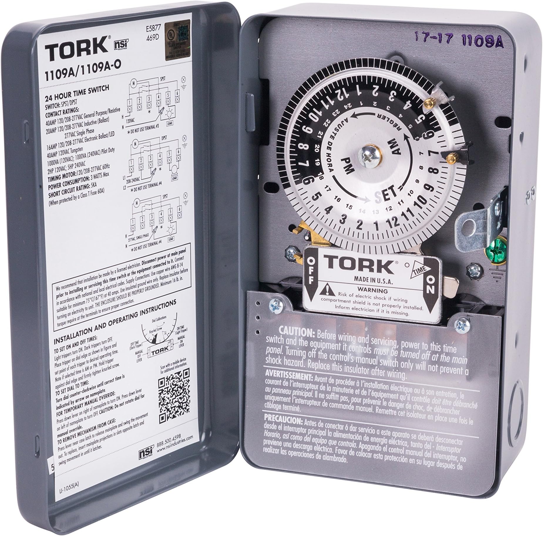 Industries TORK 1109A Indoor 40-Amp Multi-Volt Mechanical Lighting and Appliance Timer - 24-Hour Programming - Multiple On/Off Settings - 120/208-277-Volt - Grey 2.9 x 4.7 x 7.9 inches