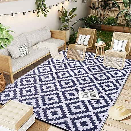 OLANLY Waterproof Outdoor Rug 6x9 ft for Porches and Patios in Navy & White