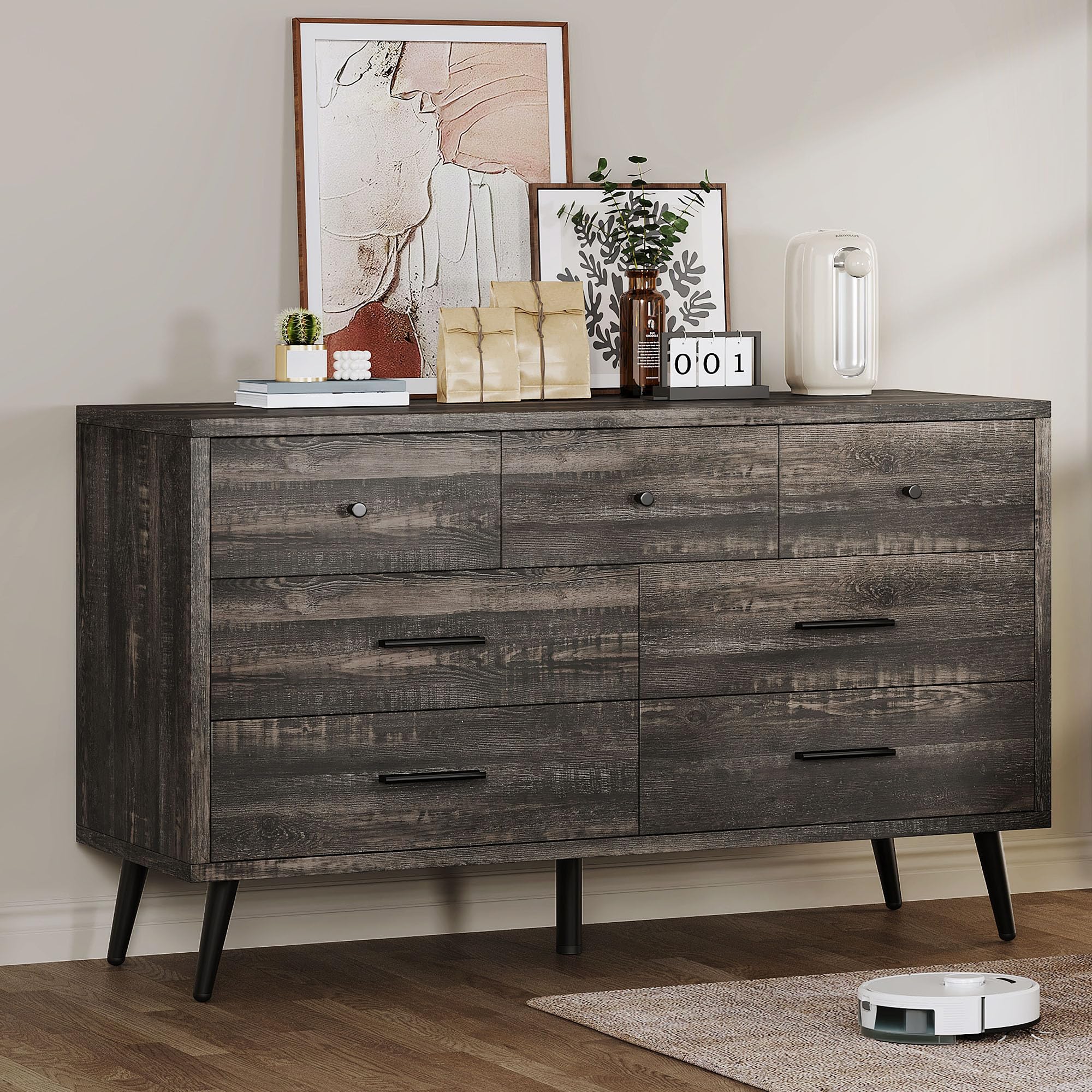 DWVO Dark Rustic Oak 7 Drawer Dresser, 47" W Large Double Dresser Chest of Drawers, Modern Wood Storage Organizer with Black Metal Handles & Anti-Tipping Device for Hallway, Entryway