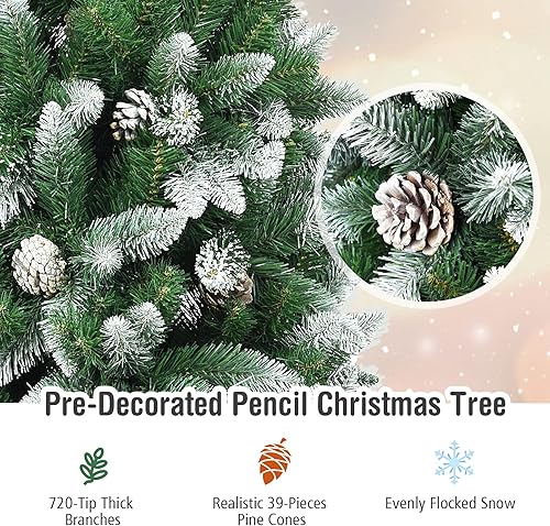 Miniatura 3 de DREAMADE Árbol de Navidad artificial de 7.5 pies, árbol de Navidad delgado flocado de nieve sin luz con 720 puntas de ramas de PVC, 39 conos de