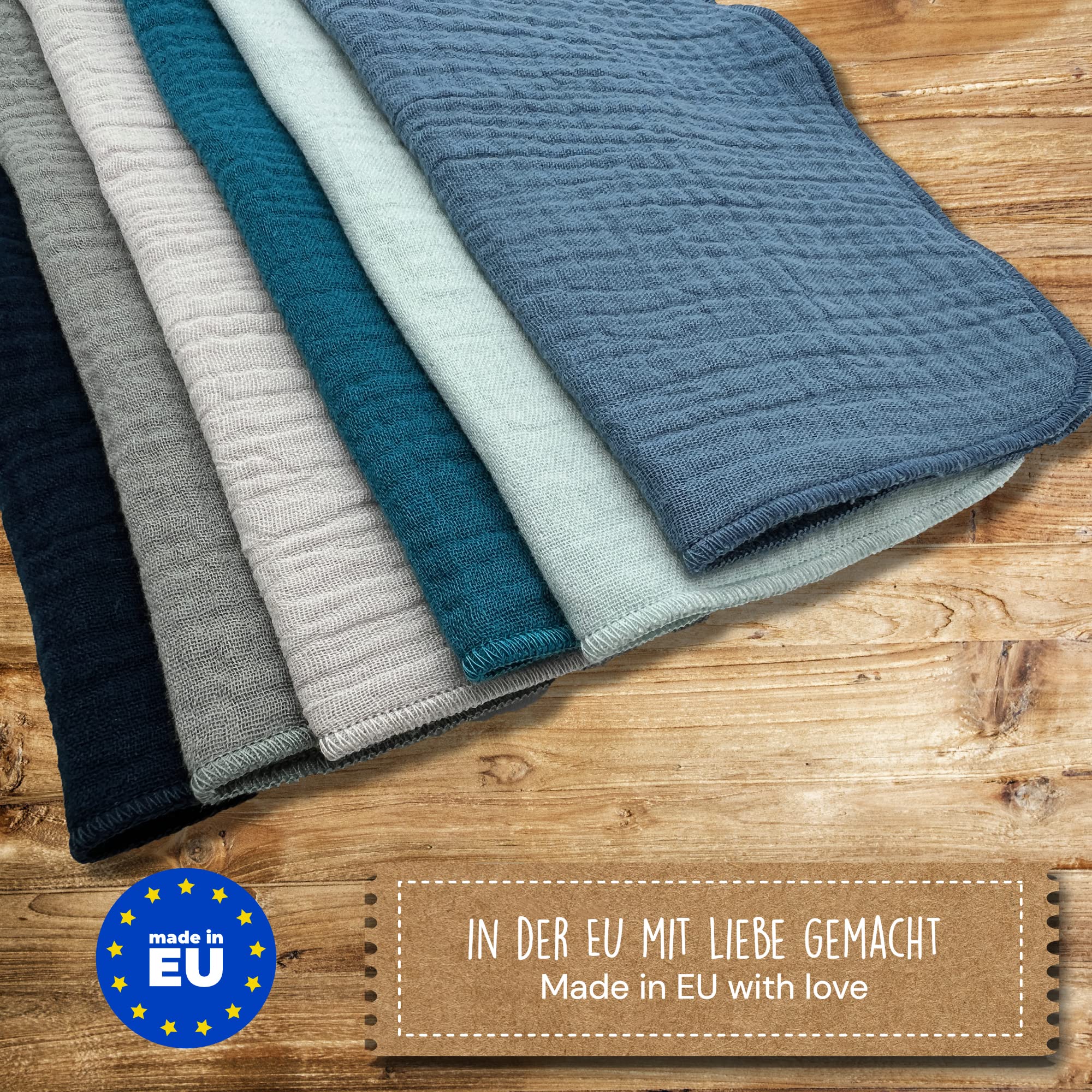 mimaDu - Set di 6 panni in mussola per bambino, in cotone biologico GOTS, 25 x 25 cm, extra morbidi, assorbenti, piccoli asciugamani per la cura del bambino (blu, ocean)