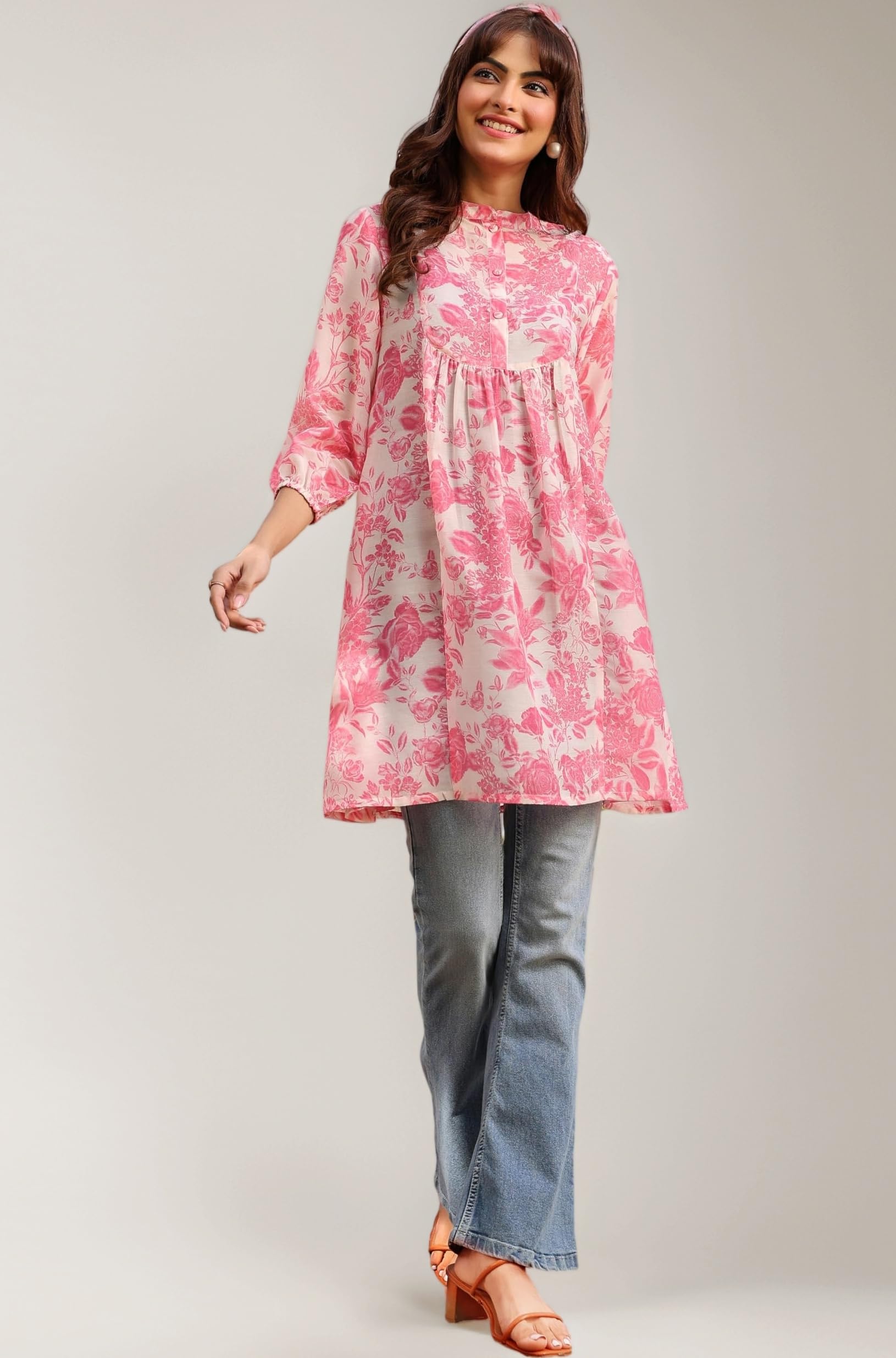 Janasya Women's Cream & Pink Silk Blend Floral Printed A-line Tunic
