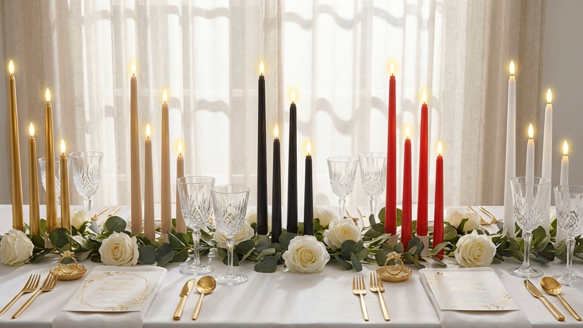 Image of Rossesay 64 Pcs Wedding Flameless LED Taper Candles Battery Operated Candles 4 Sizes of 8.5'', 9.65'', 10.83'', 12.8'' Candlesticks Flickering for Halloween Christmas Church Wedding(Black)