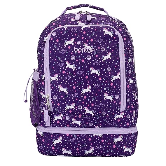 Bentgo Kids Prints 2-in-1 Backpack & Insulated Lunch Bag - Durable, Lightweight, Colorful Prints for Girls and Boys, Water-Resistant Fabric, Padded Straps and Back with Large Compartments (Unicorn)