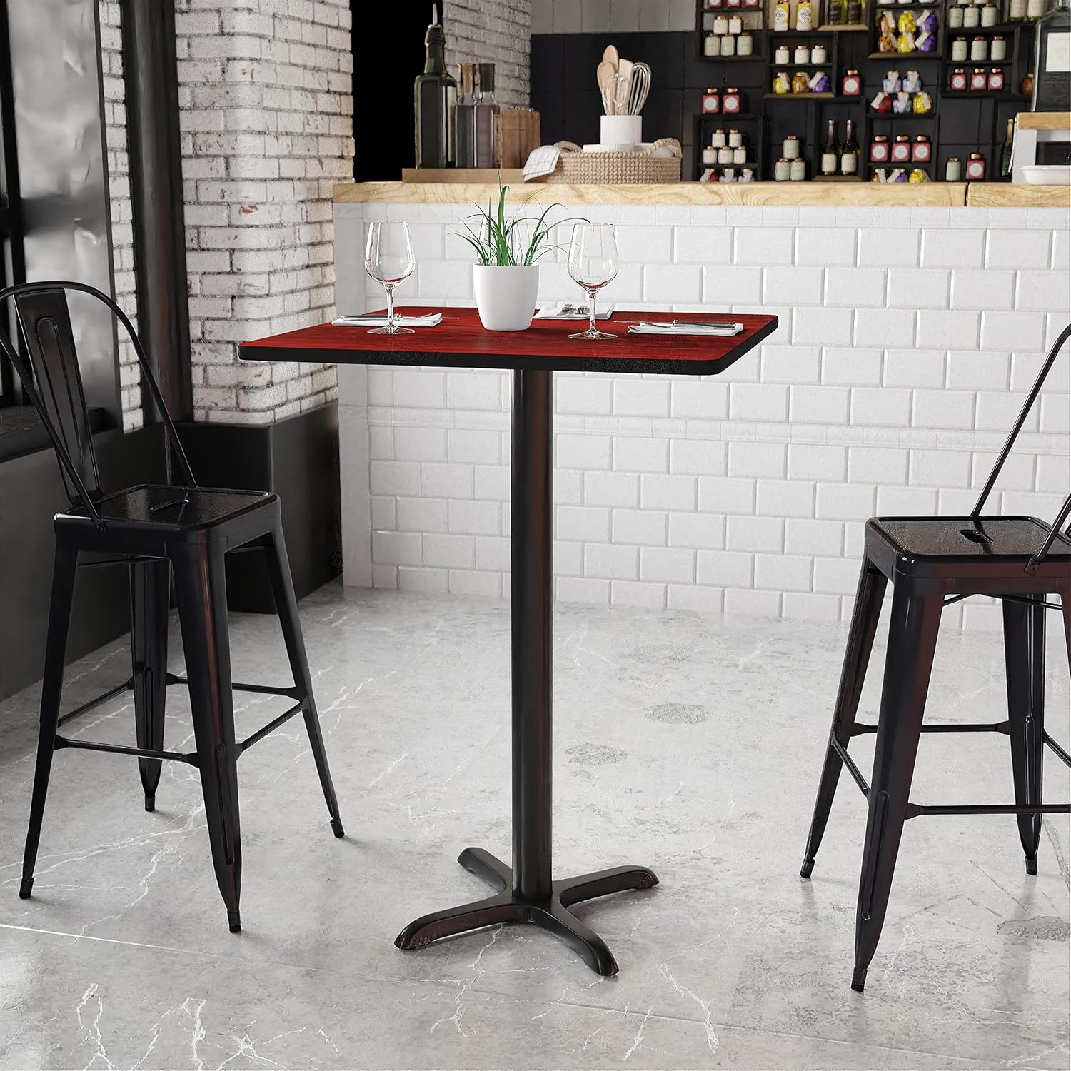 BOWERY HILL 30" Square Restaurant Bar Table, Mahogany Laminate Top, Black Cast Iron Base, Protective Edging, Durable Commercial Use Pub Table for Cafeteria, Break Room or Home Dining