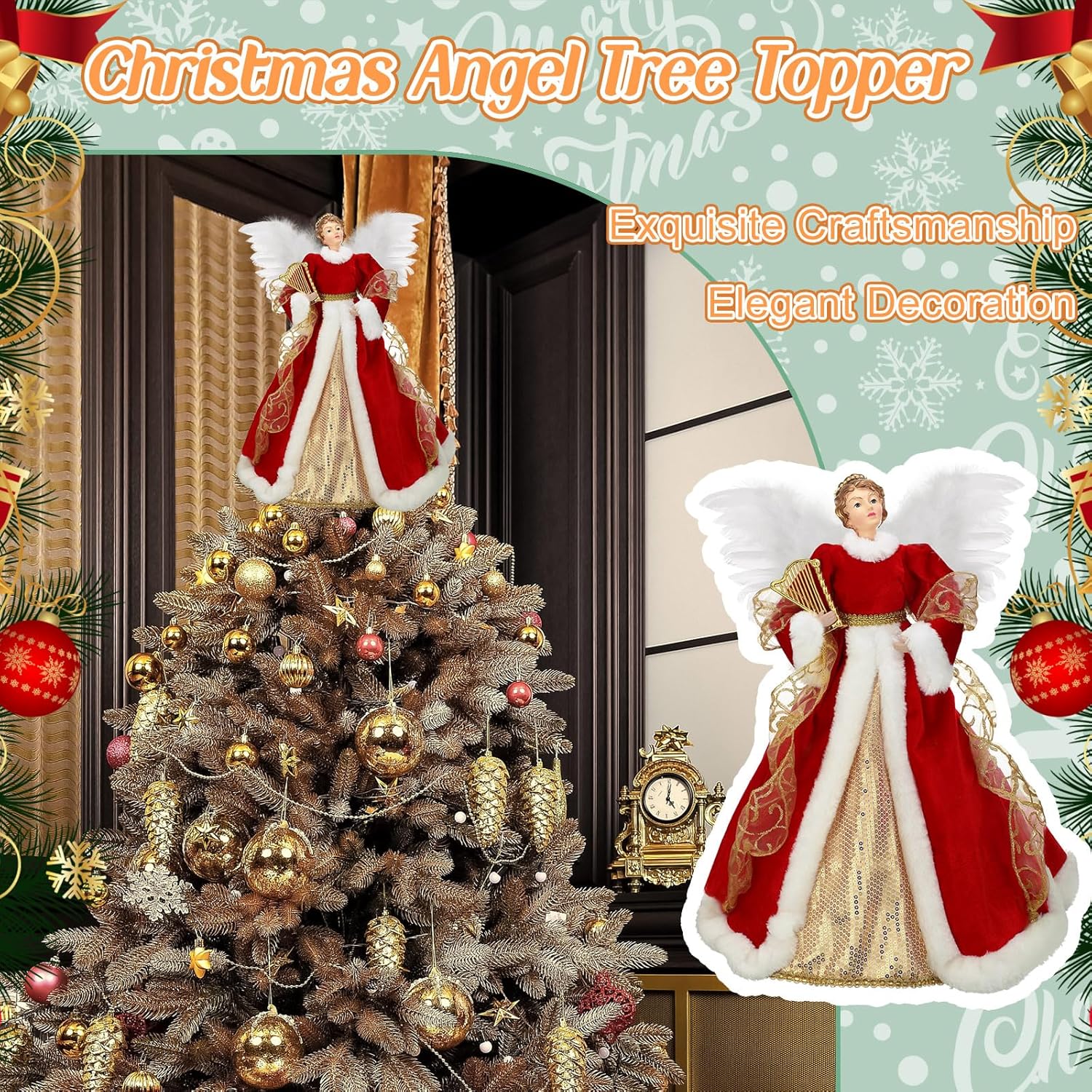 Liliful Christmas Tree Topper Angel Treetop 18 Inch Standing Red Angel Xmas Trees Wings Topper Figurine Gift for Home Holiday Decorations Winter Ornament